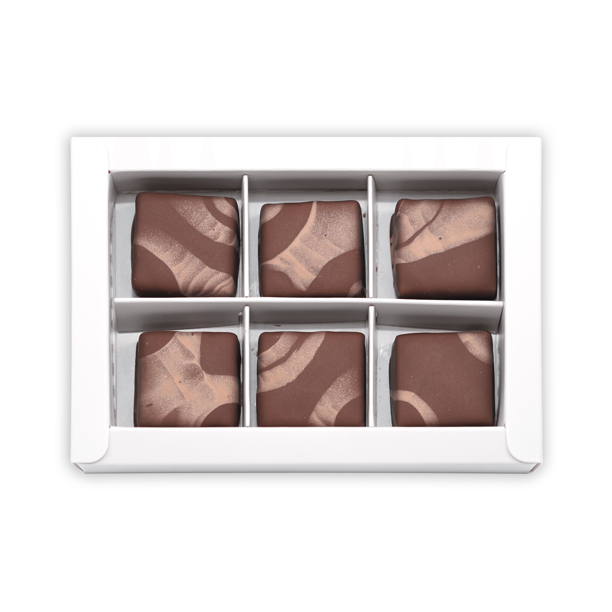 Fjåk chocolate coated brown cheese caramels: 6 marbled truffles in white box