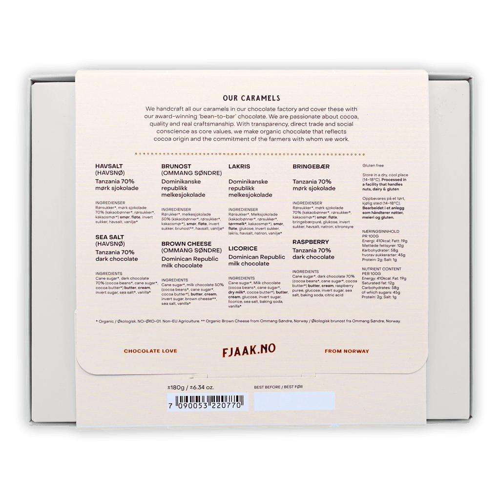 White Fjåk.no caramels box with havsalt, brown cheese flavors, 12 pcs