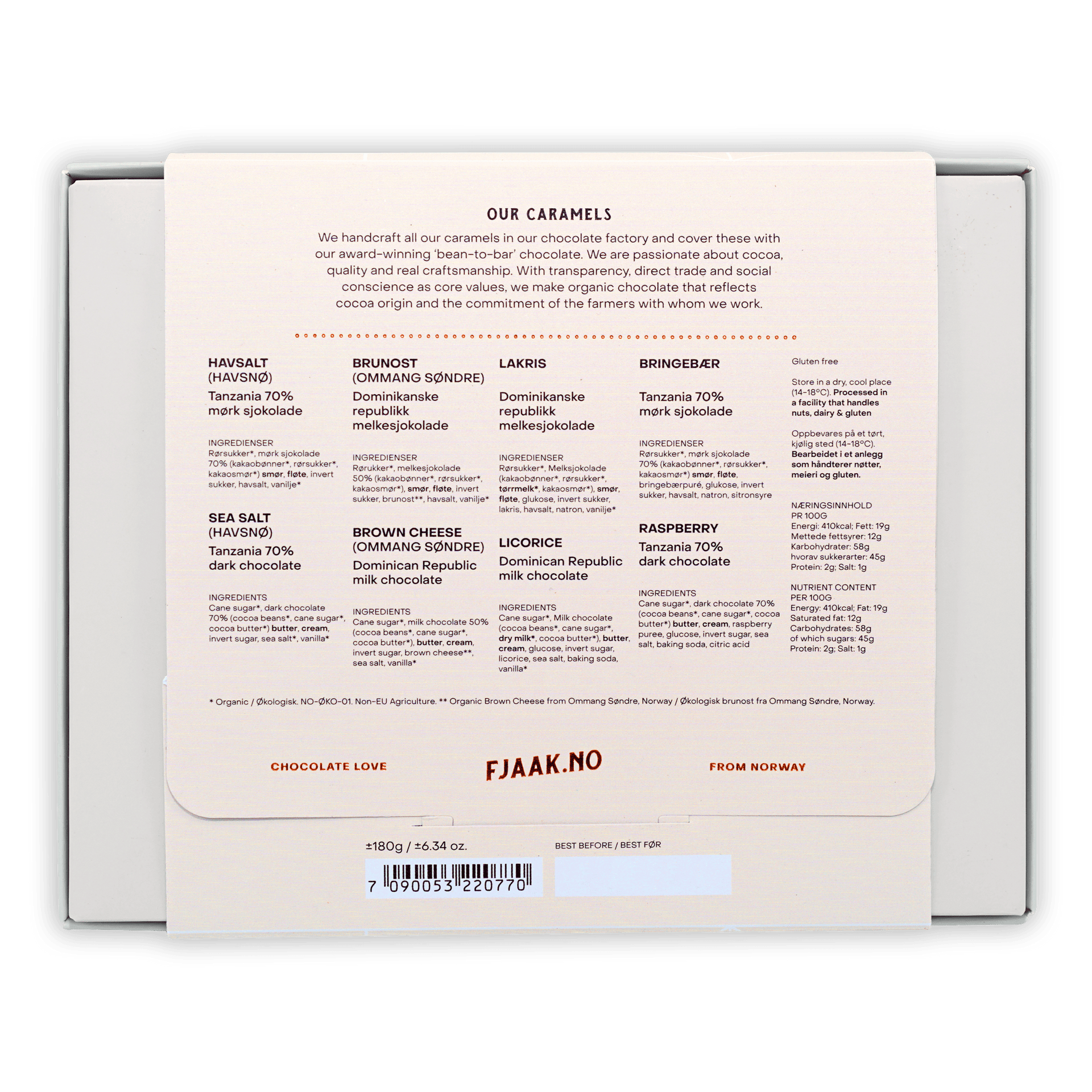 White Fjåk.no caramels box with havsalt, brown cheese flavors, 12 pcs