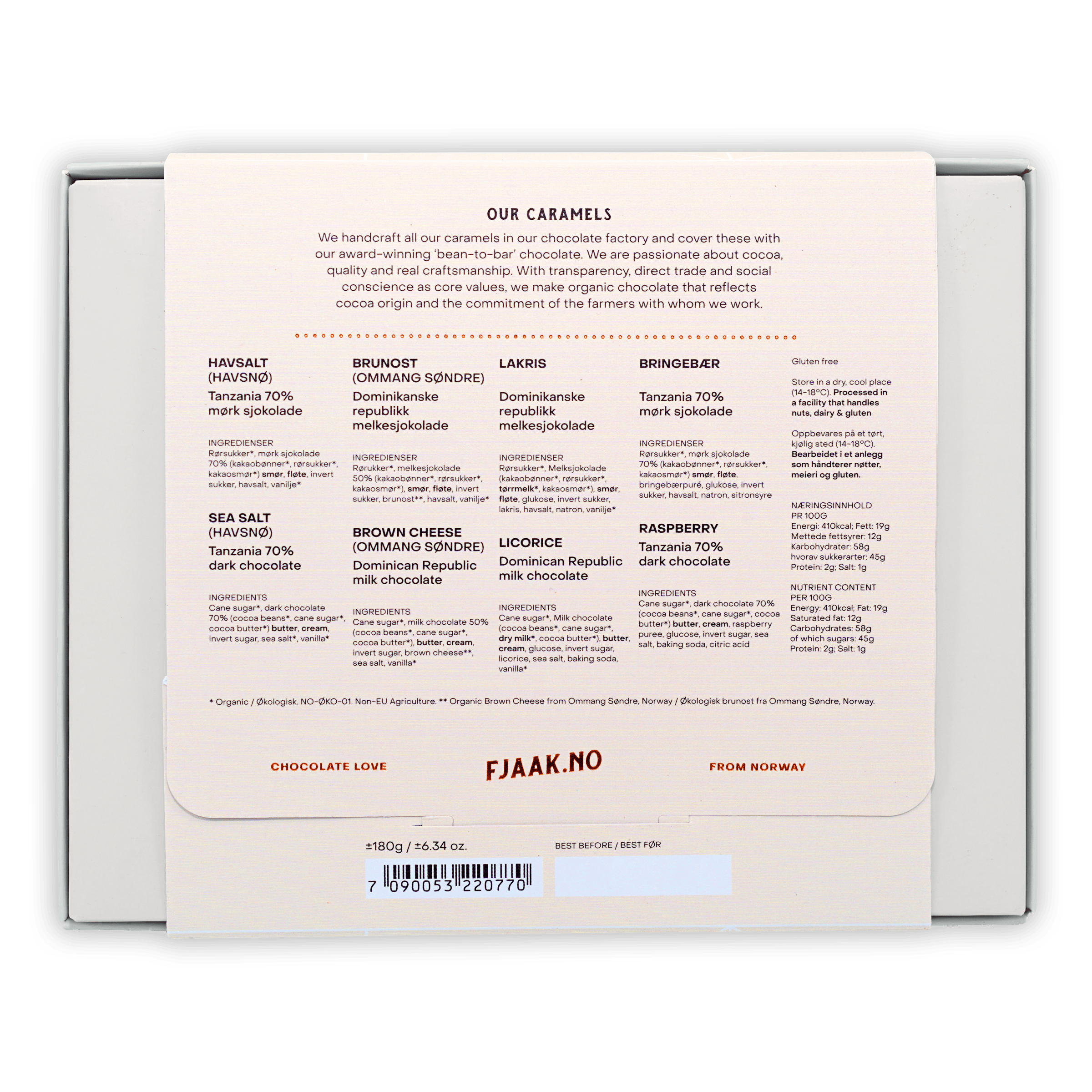 White Fjåk.no caramels box with havsalt, brown cheese flavors, 12 pcs