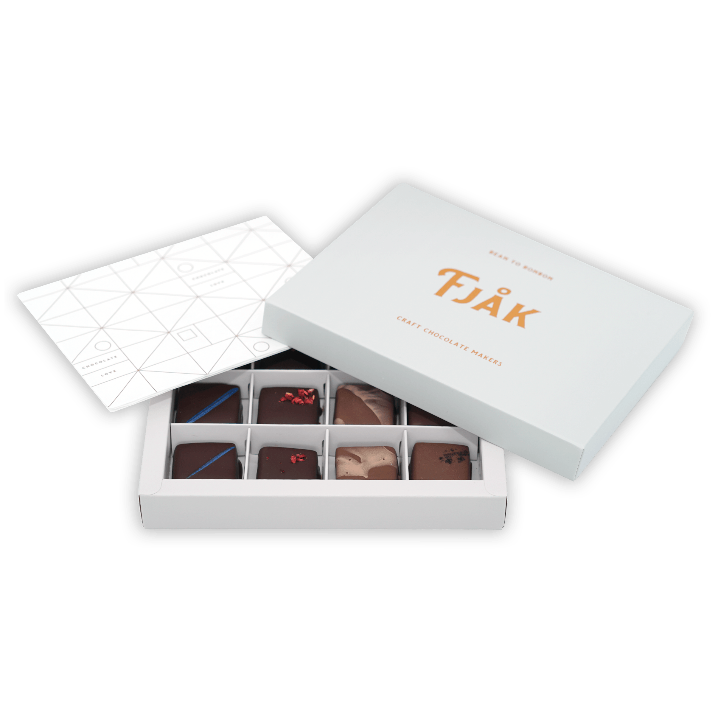 Fjåk Chocolate Coated Mixed Caramels 12 pcs white box with gold lettering