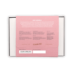 Back of Fjåk chocolate coated raspberry caramels box, pink with gold foil text