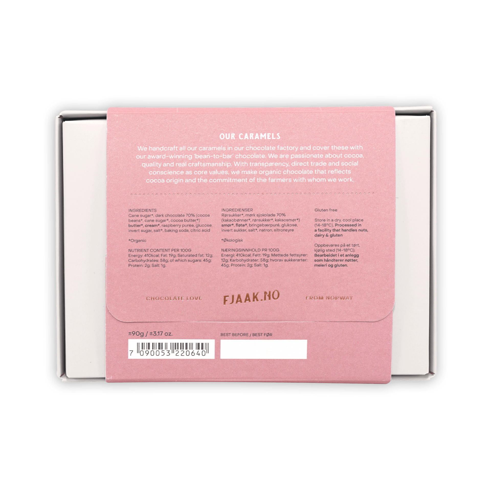Back of Fjåk chocolate coated raspberry caramels box, pink with gold foil text
