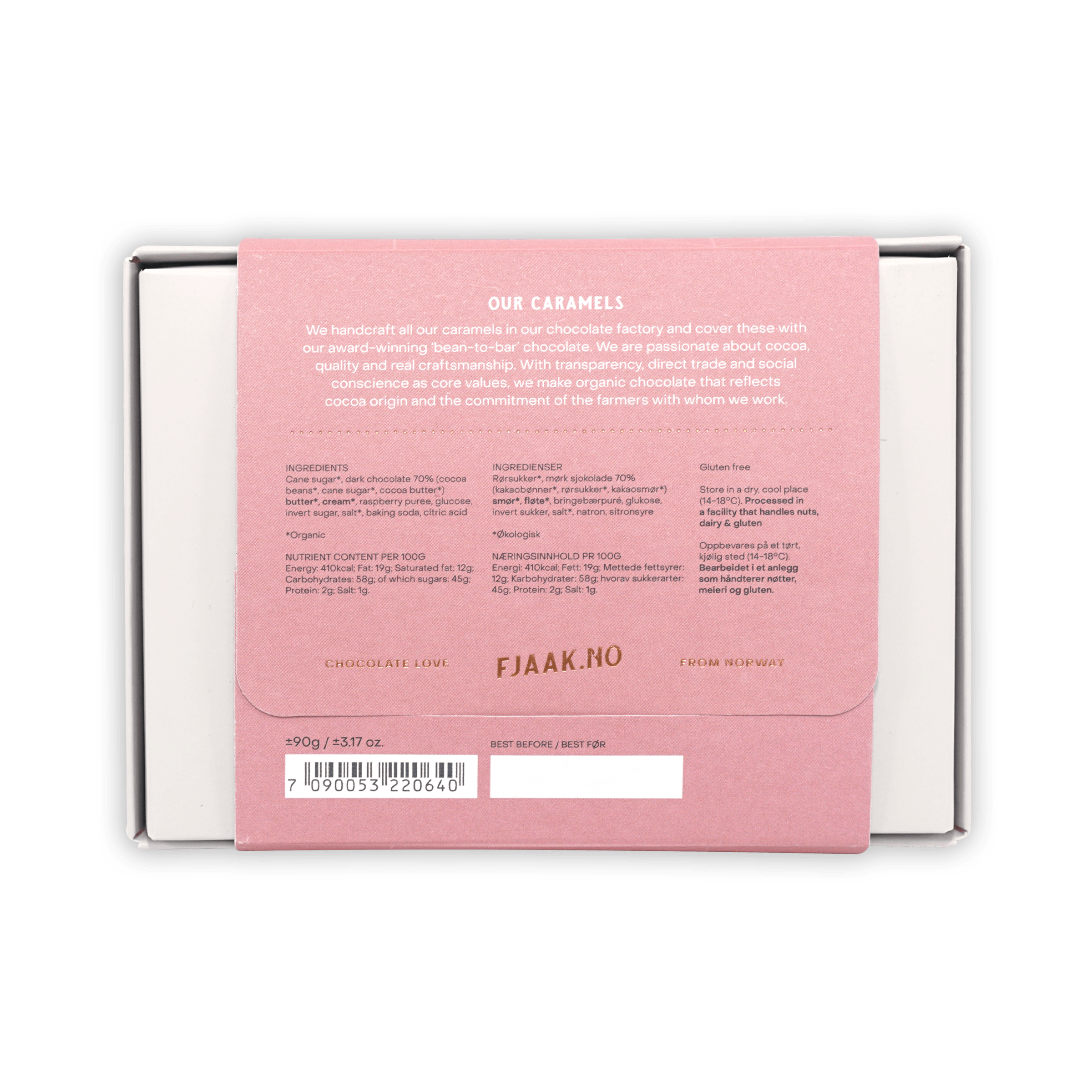 Back of Fjåk chocolate coated raspberry caramels box, pink with gold foil text