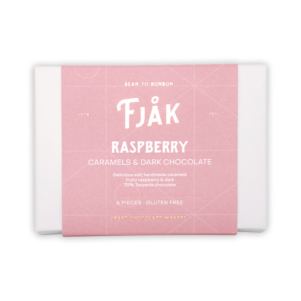 Fjåk raspberry caramels in dark chocolate, pink package, 6 pcs