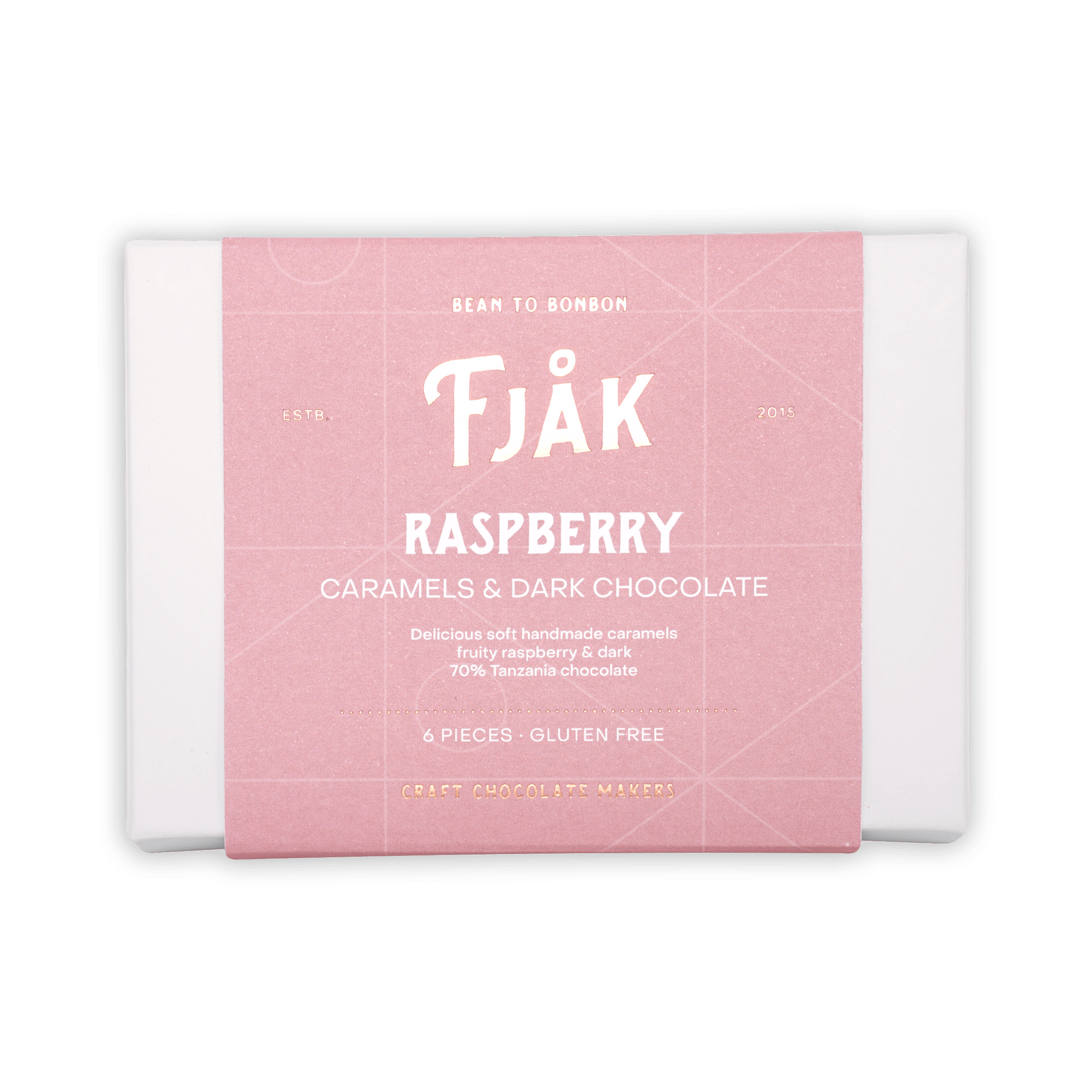 Fjåk raspberry caramels in dark chocolate, pink package, 6 pcs