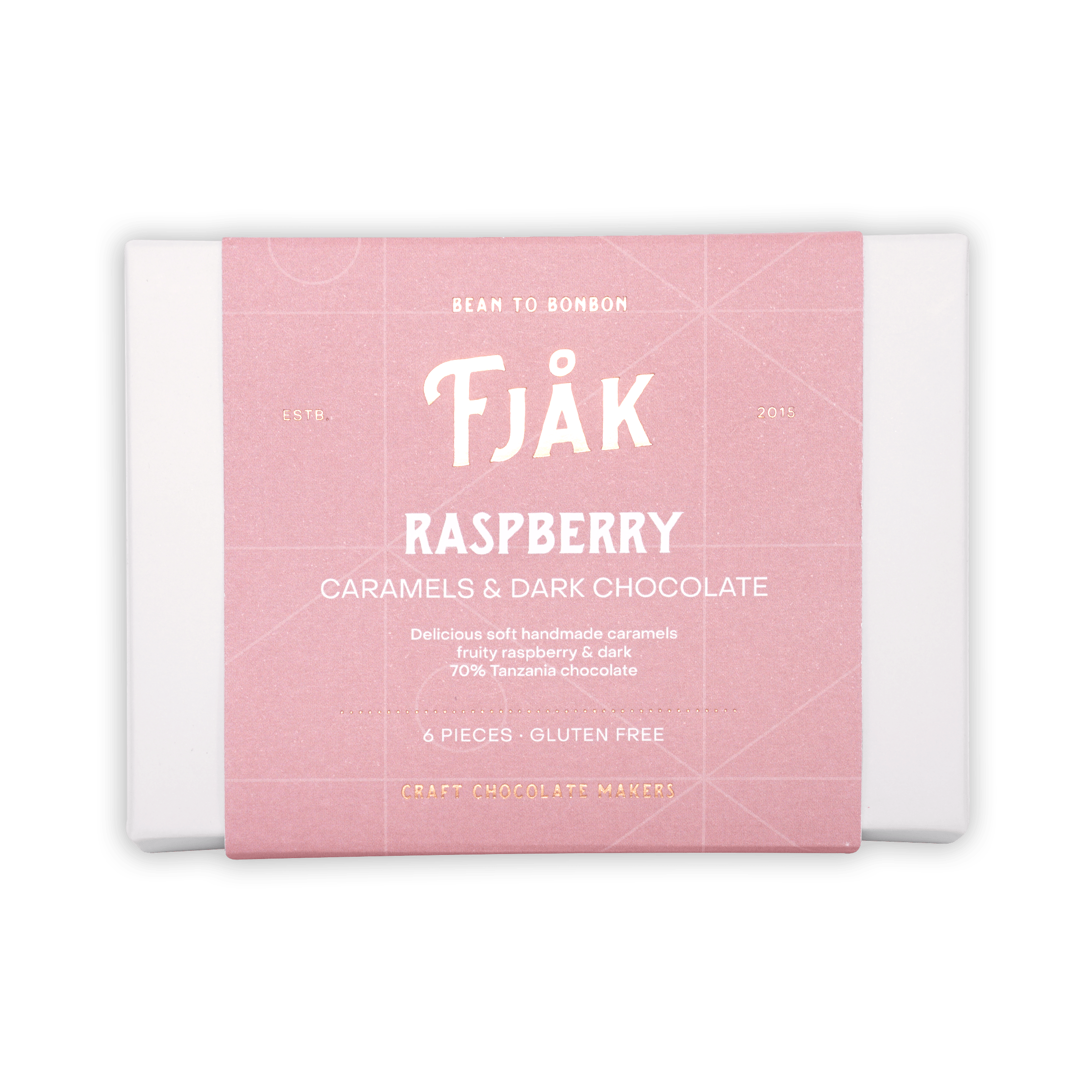 Fjåk raspberry caramels in dark chocolate, pink package, 6 pcs