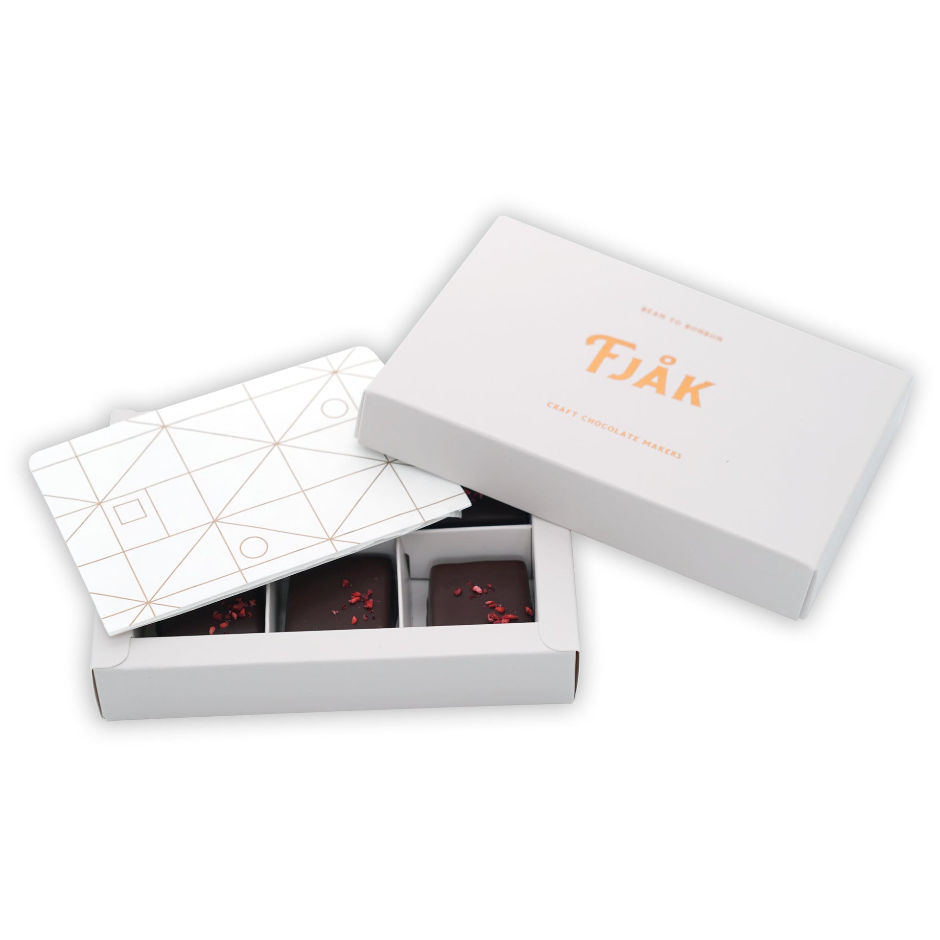 Fjåk Chocolate Coated Raspberry Caramels in white geometric box with gold foil