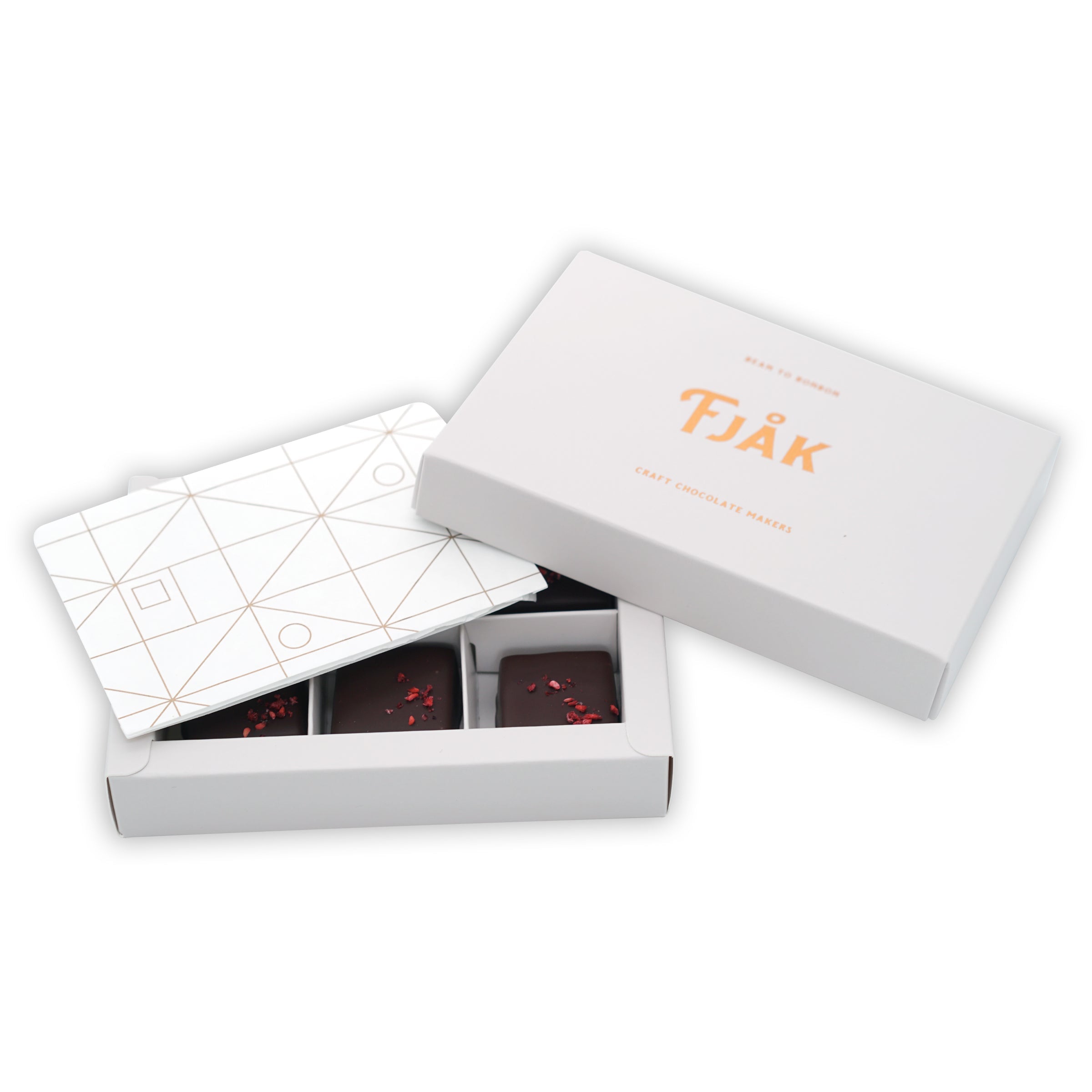 Fjåk Chocolate Coated Raspberry Caramels in white geometric box with gold foil