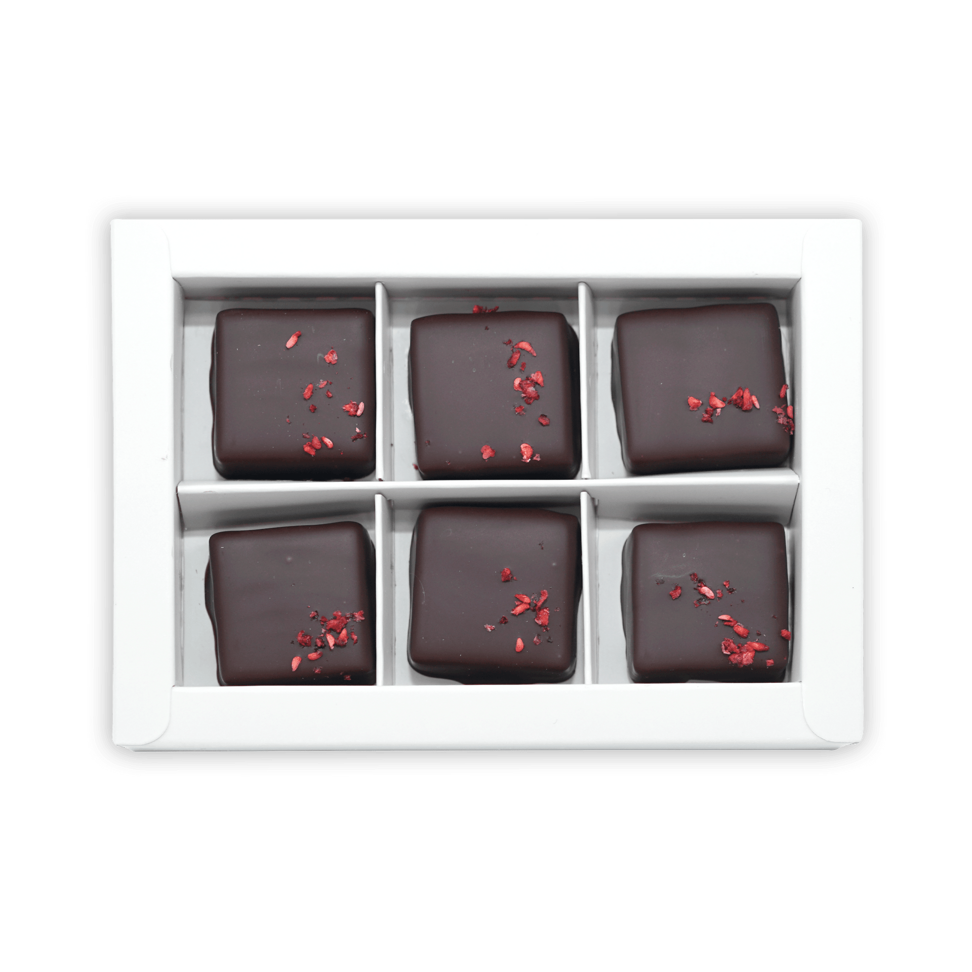 Six Fjåk chocolate-coated raspberry caramels in white box