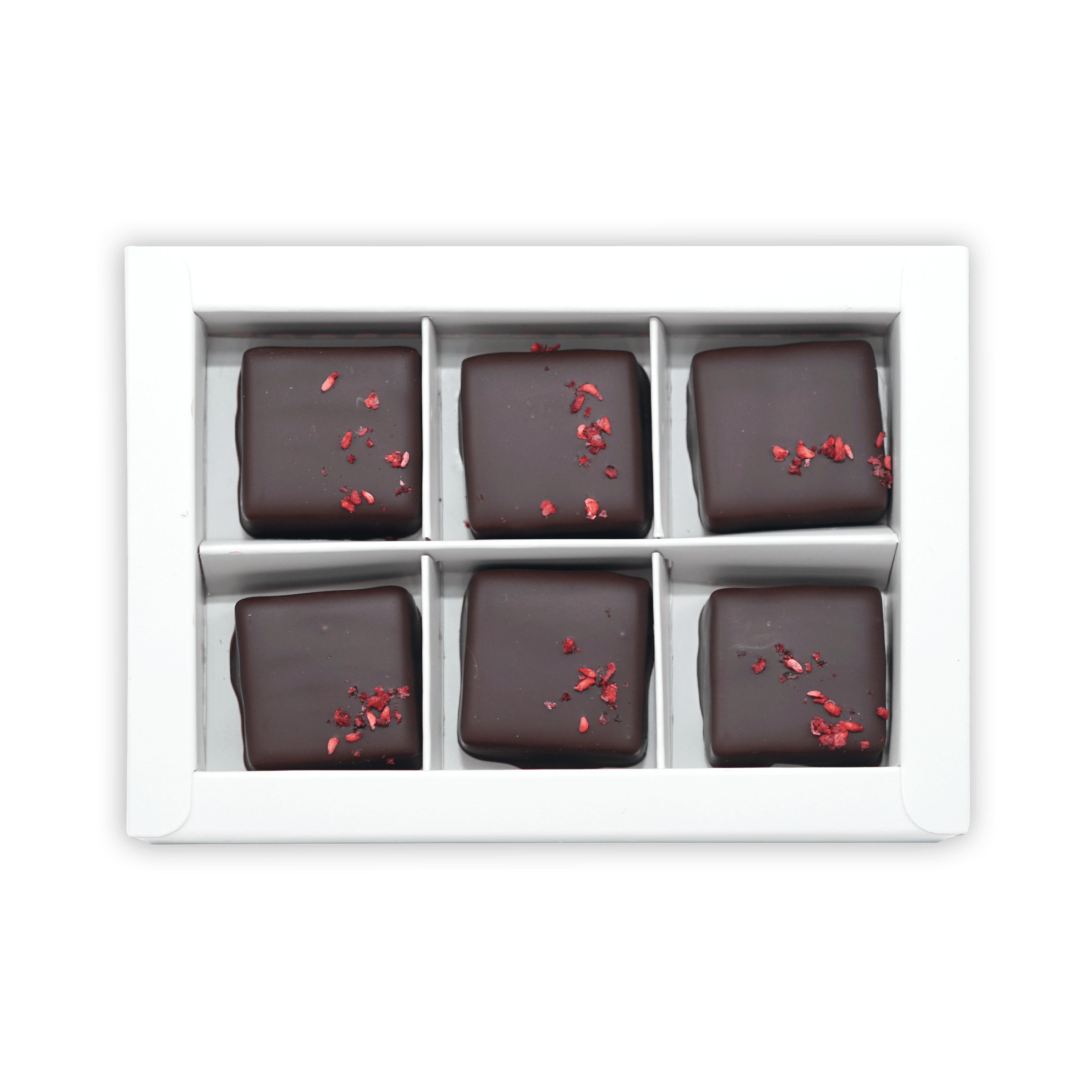 Six Fjåk chocolate-coated raspberry caramels in white box