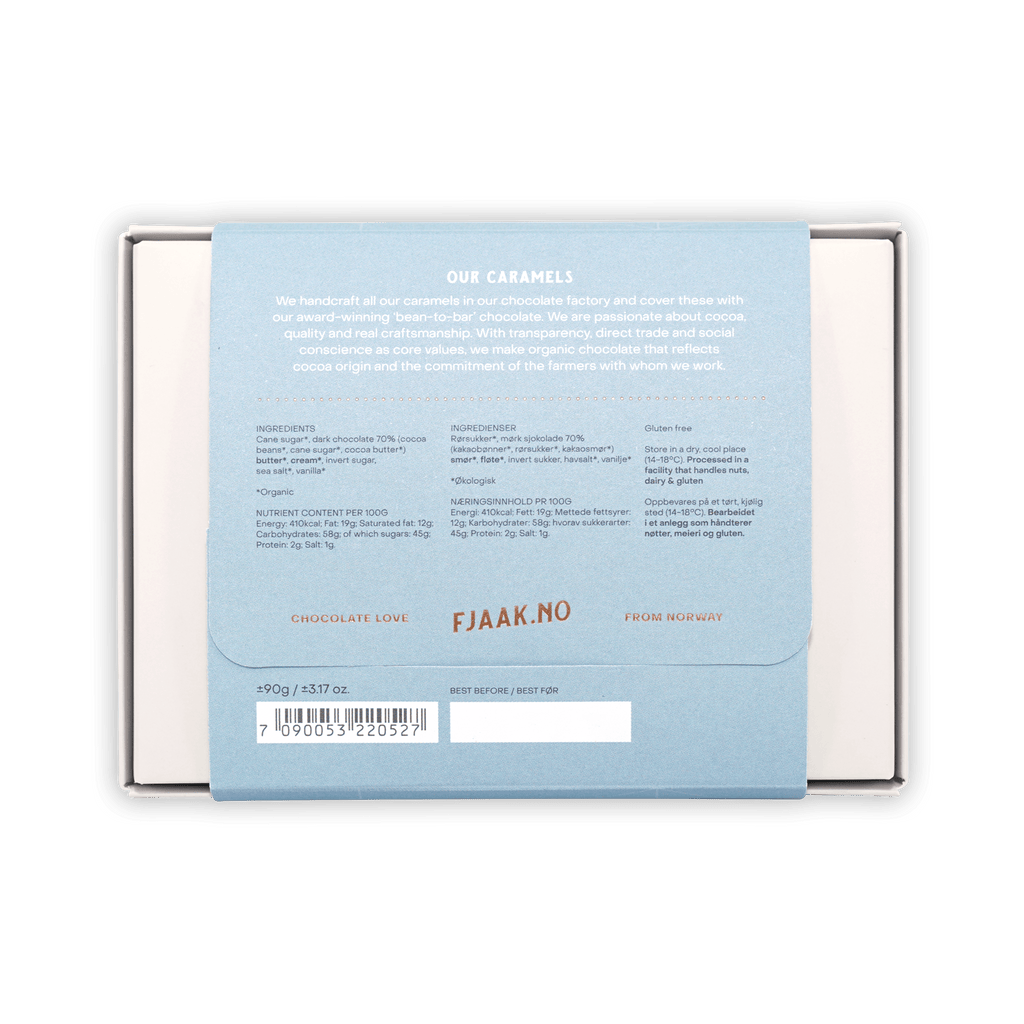 Fjåk Chocolate Coated Salted Caramels 6 pcs light blue box from Norway