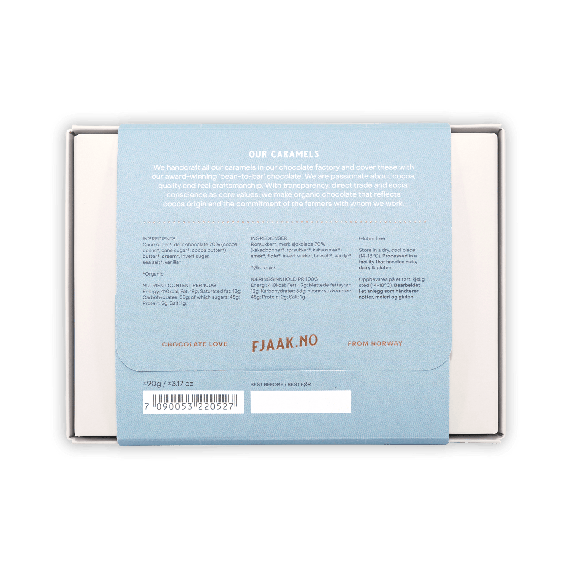 Fjåk Chocolate Coated Salted Caramels 6 pcs light blue box from Norway