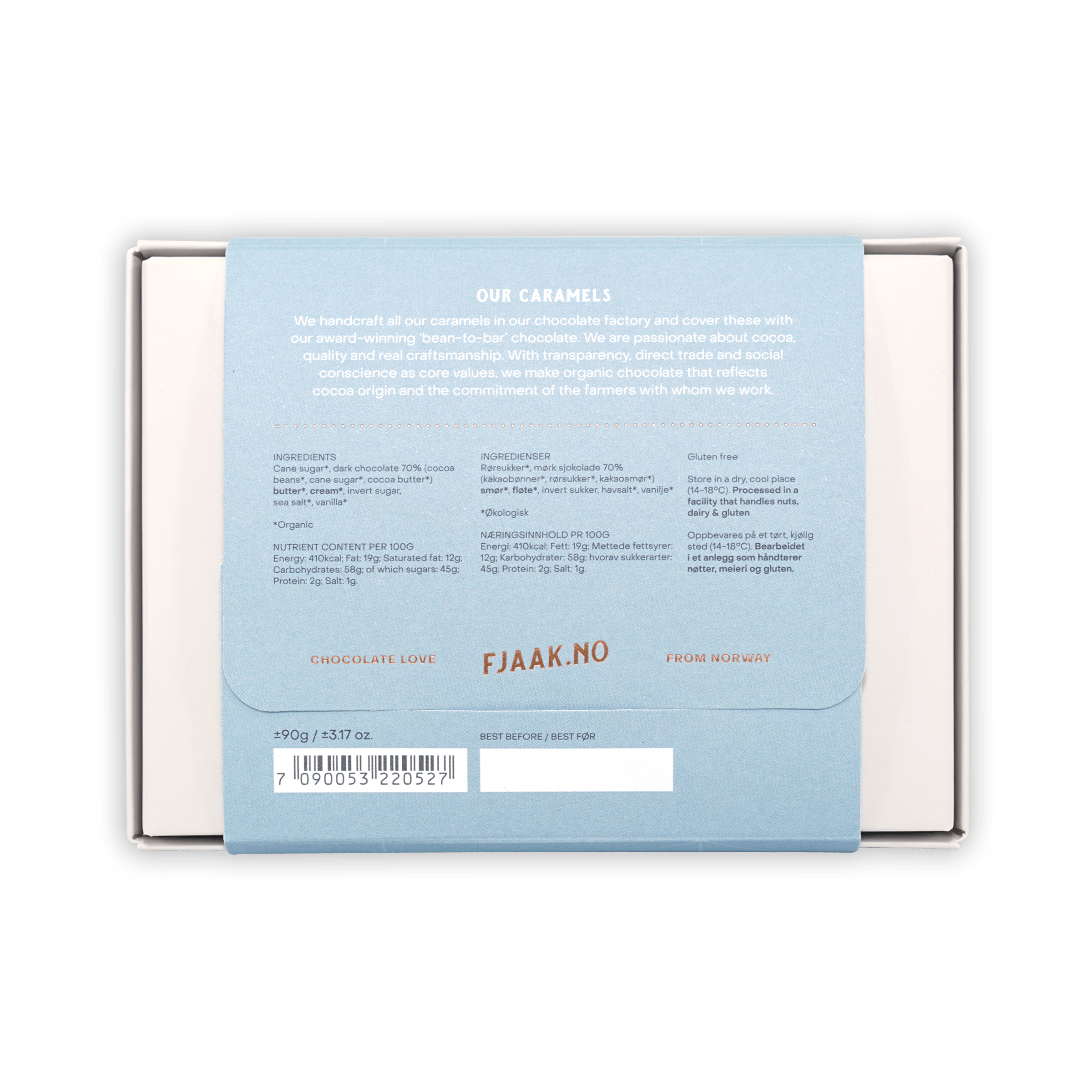 Fjåk Chocolate Coated Salted Caramels 6 pcs light blue box from Norway