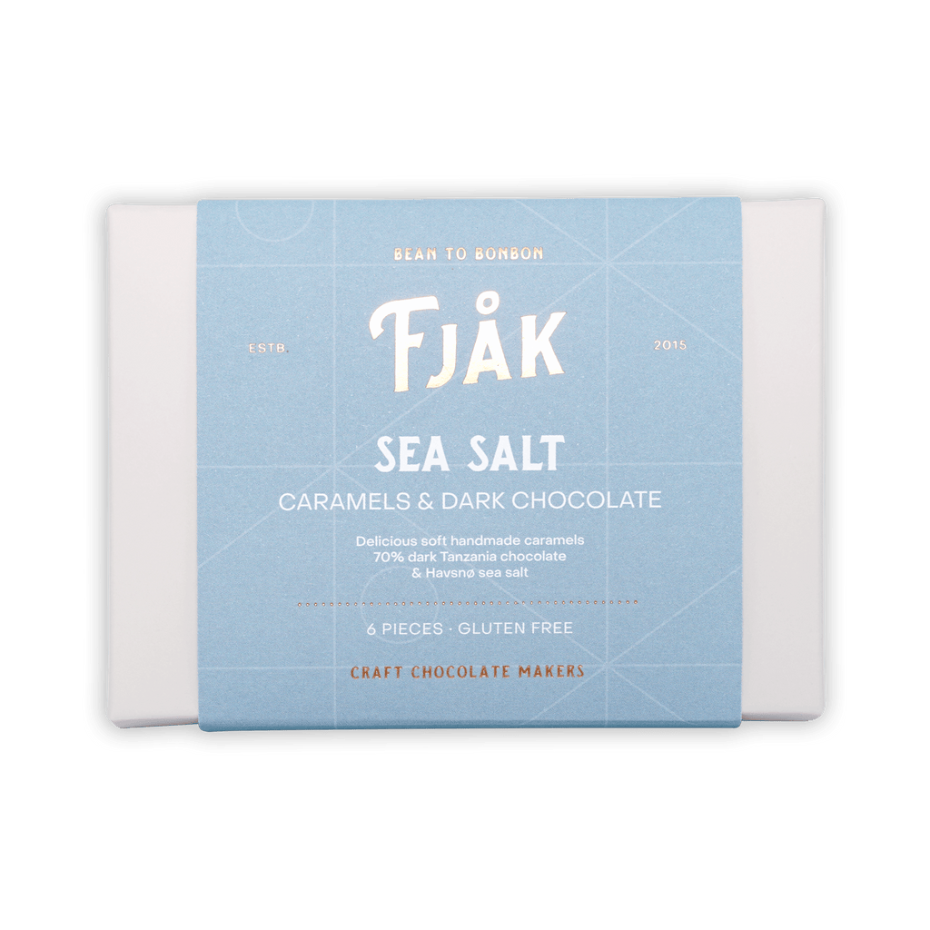 Fjåk sea salt caramels in dark chocolate, light blue 6-pc package