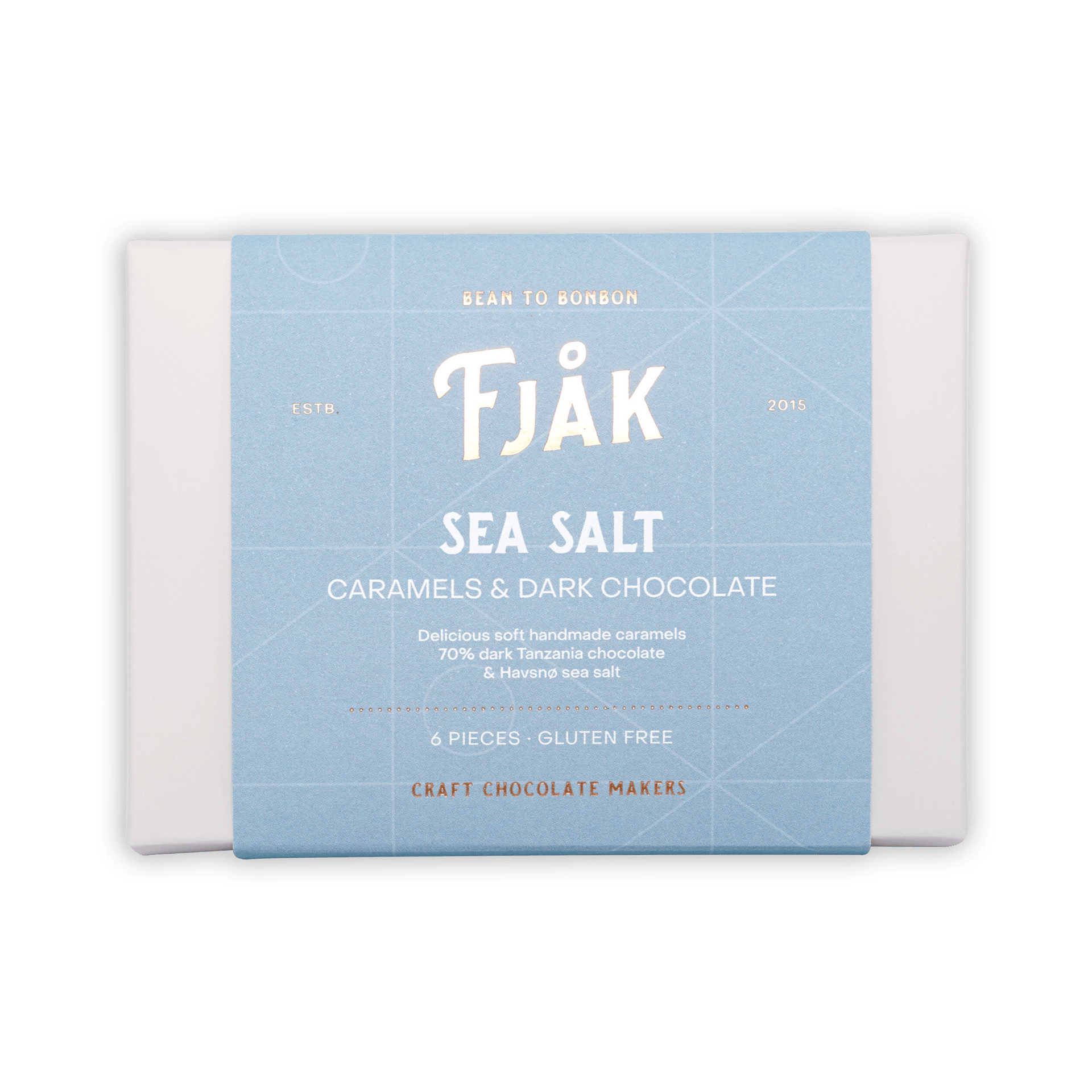 Fjåk sea salt caramels in dark chocolate, light blue 6-pc package