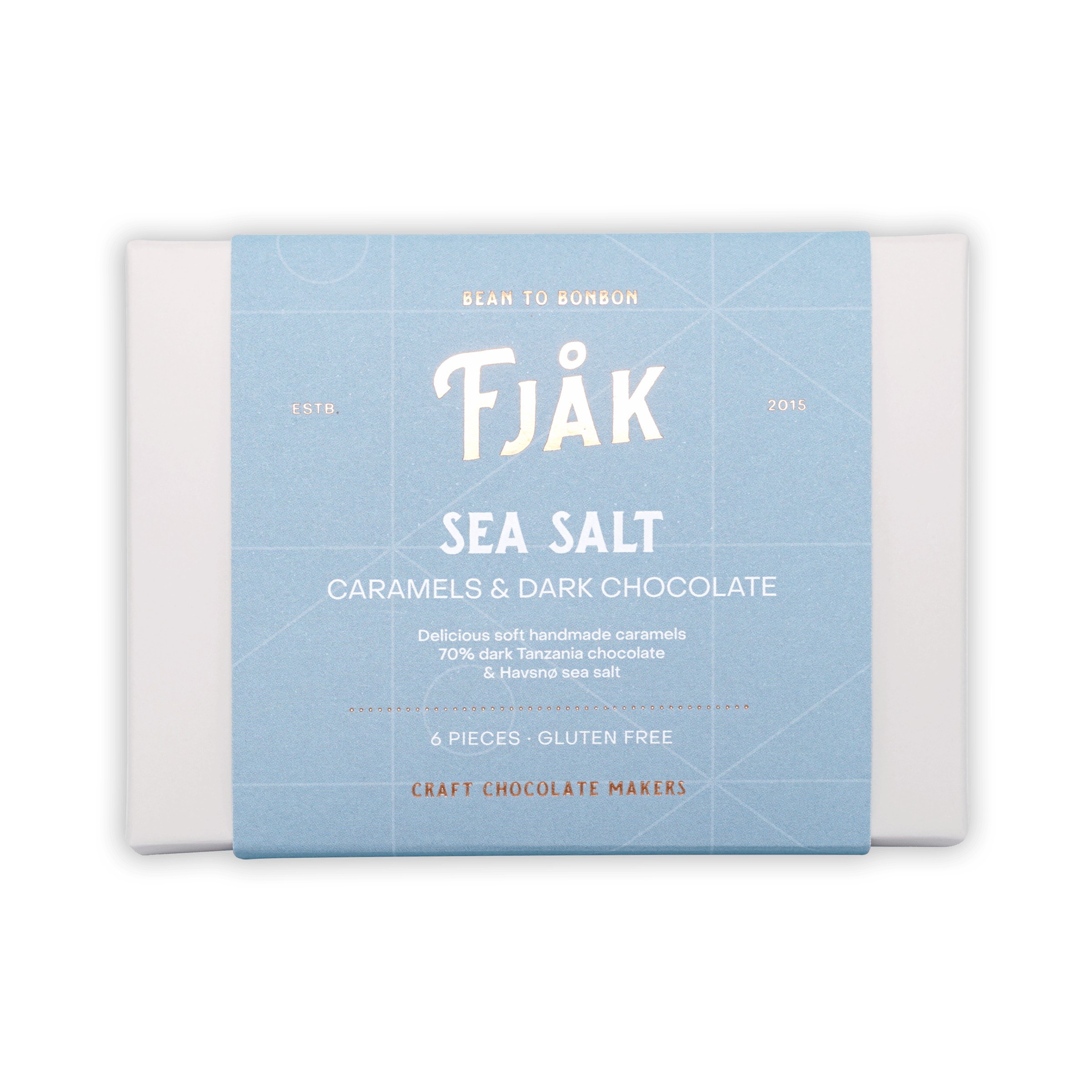 Fjåk sea salt caramels in dark chocolate, light blue 6-pc package