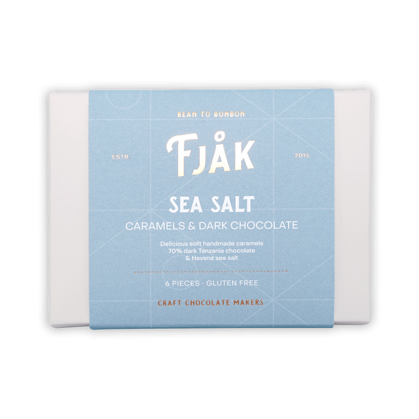 Fjåk sea salt caramels in dark chocolate, light blue 6-pc package
