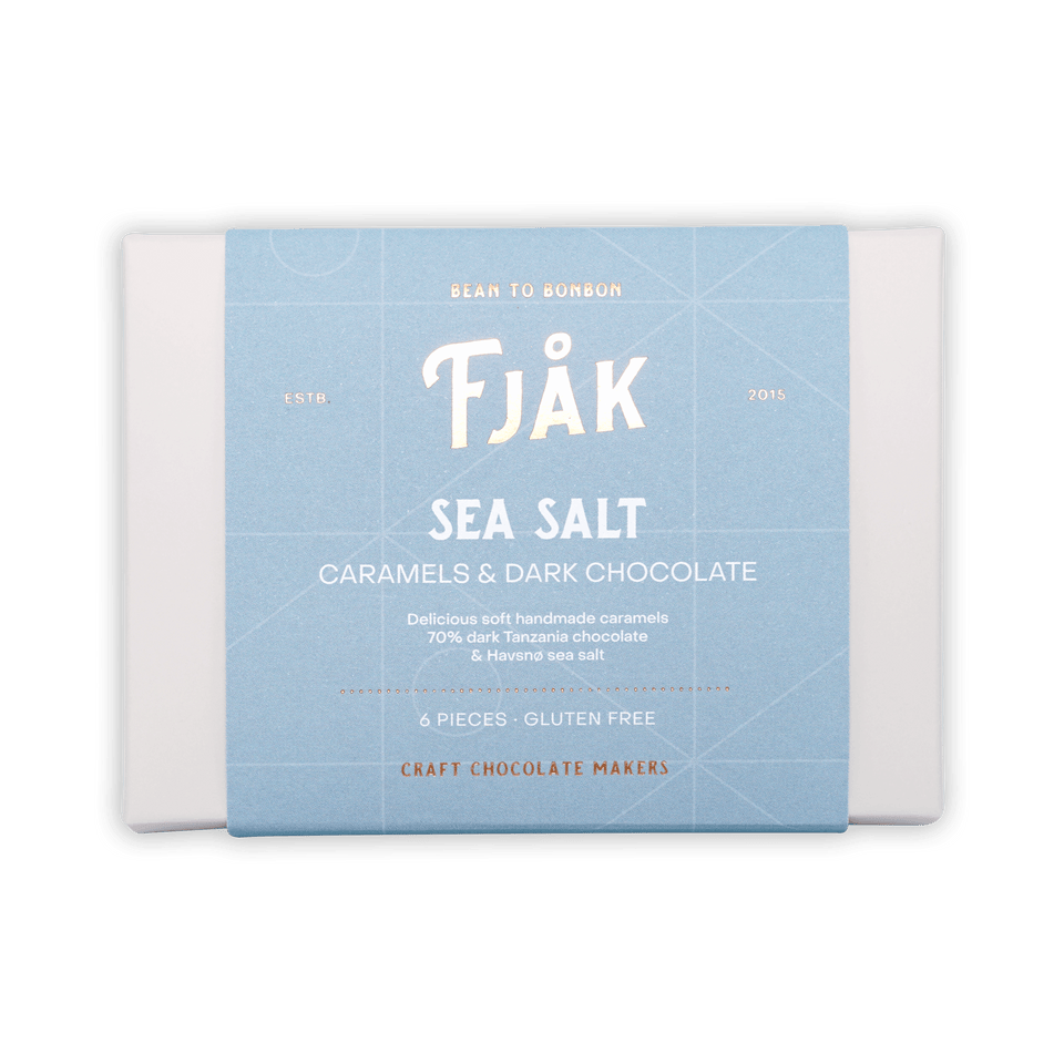 Fjåk sea salt caramels in dark chocolate, light blue 6-pc package