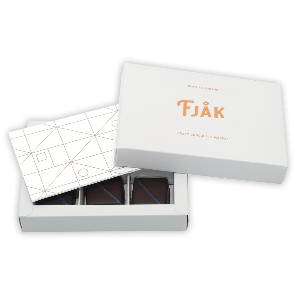 Fjåk Chocolate Coated Salted Caramels in white box with gold patterns