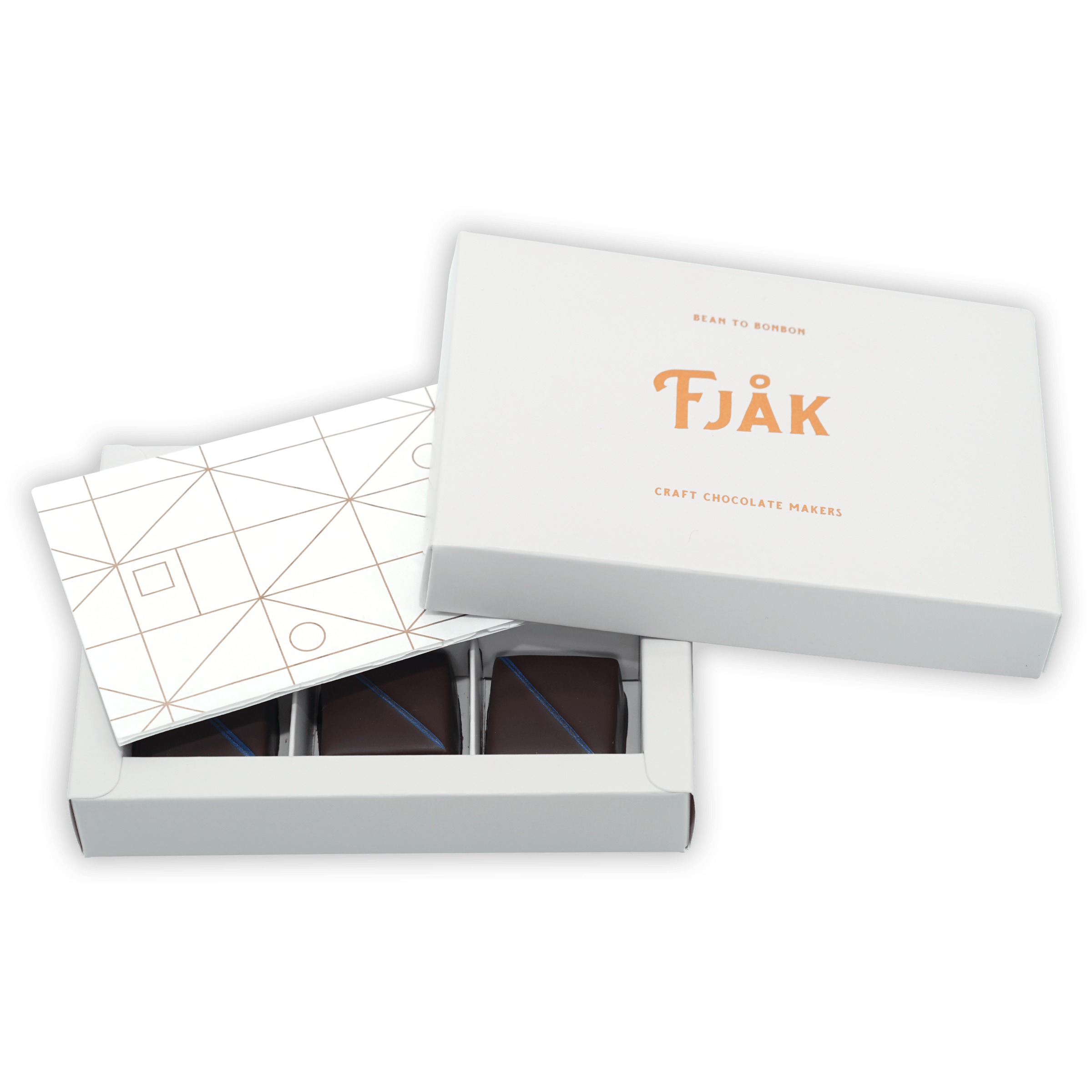 Fjåk Chocolate Coated Salted Caramels in white box with gold patterns