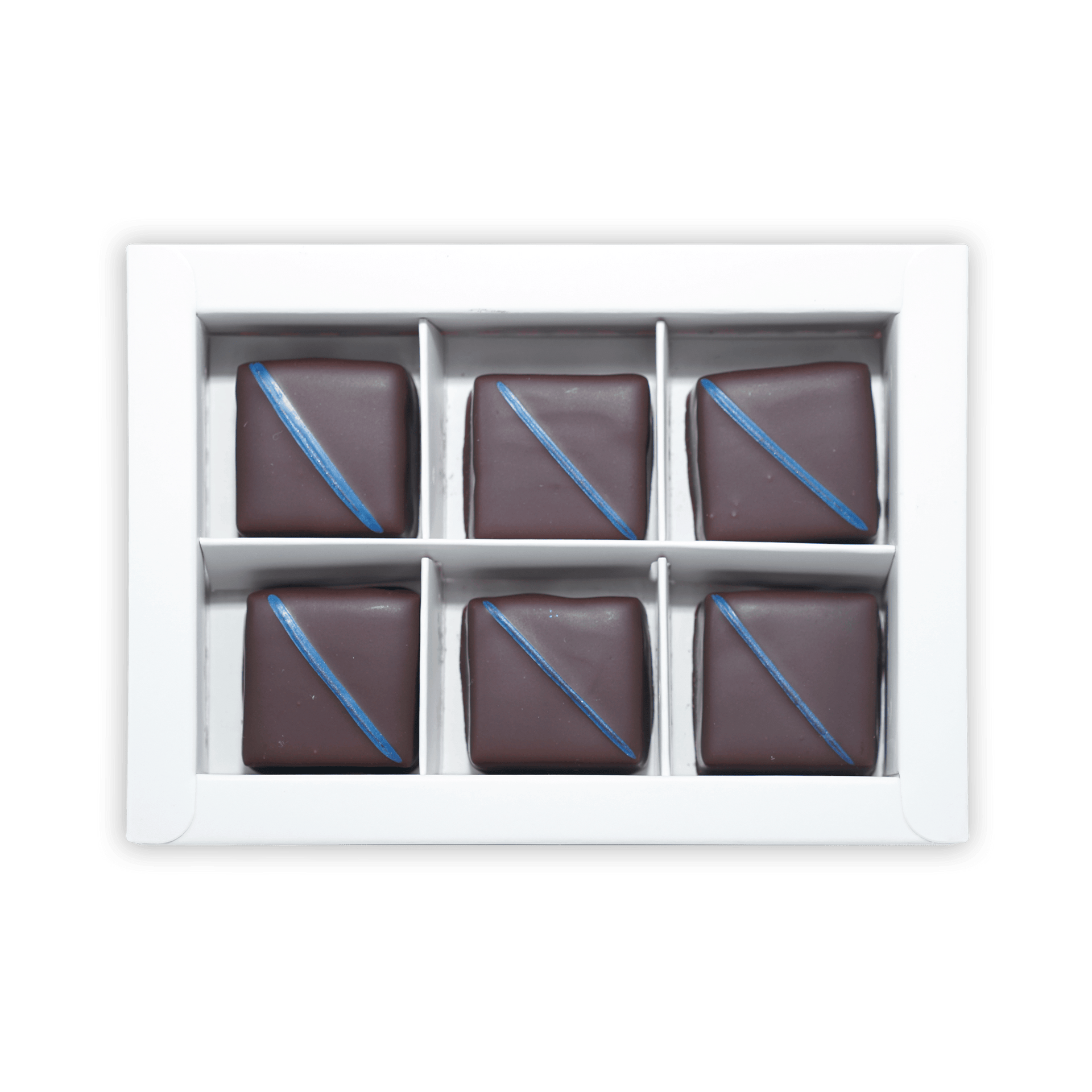 Six Fjåk dark chocolate salted caramels with blue icing in white box