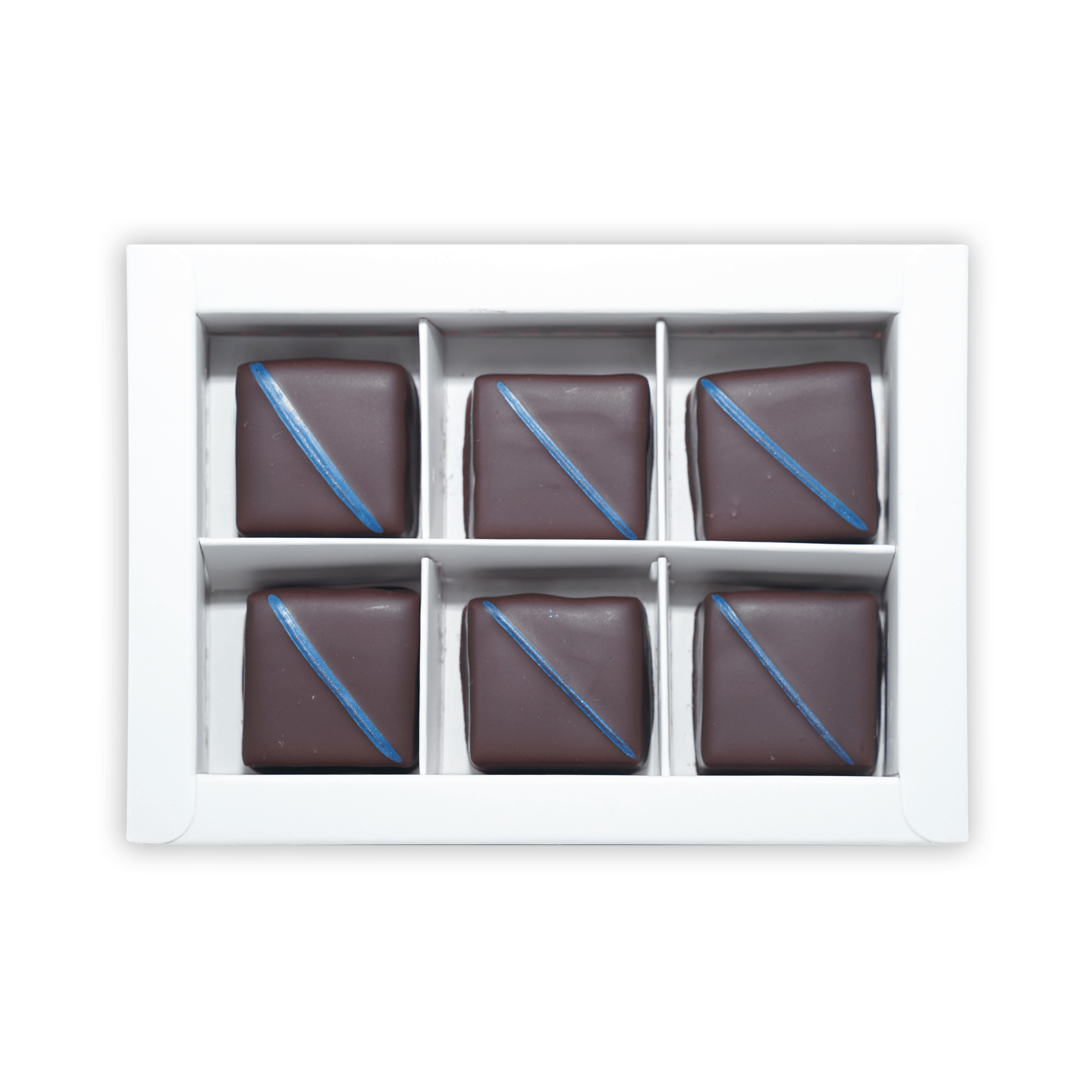 Six Fjåk dark chocolate salted caramels with blue icing in white box