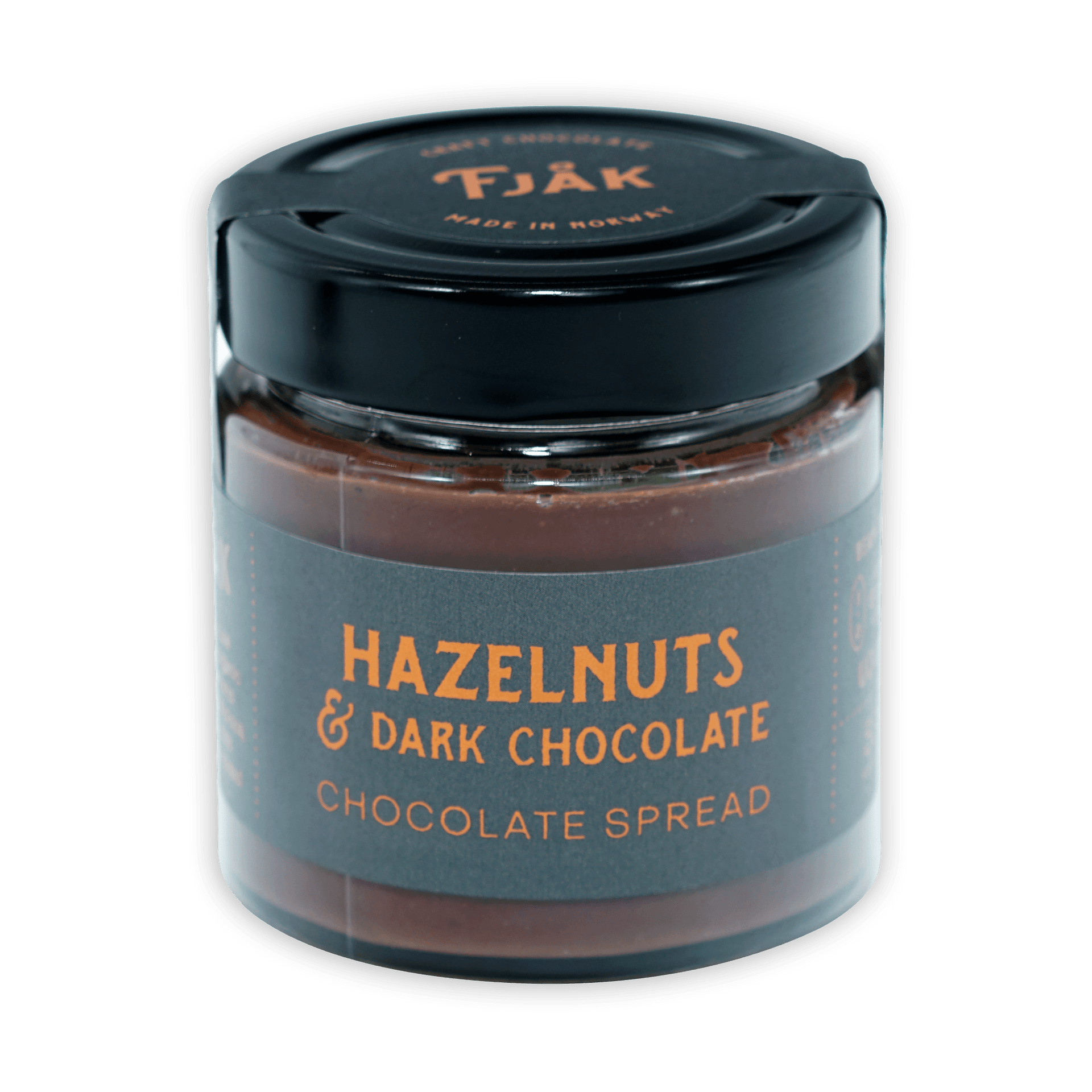 Fjåk hazelnut and dark chocolate spread in sleek glass jar