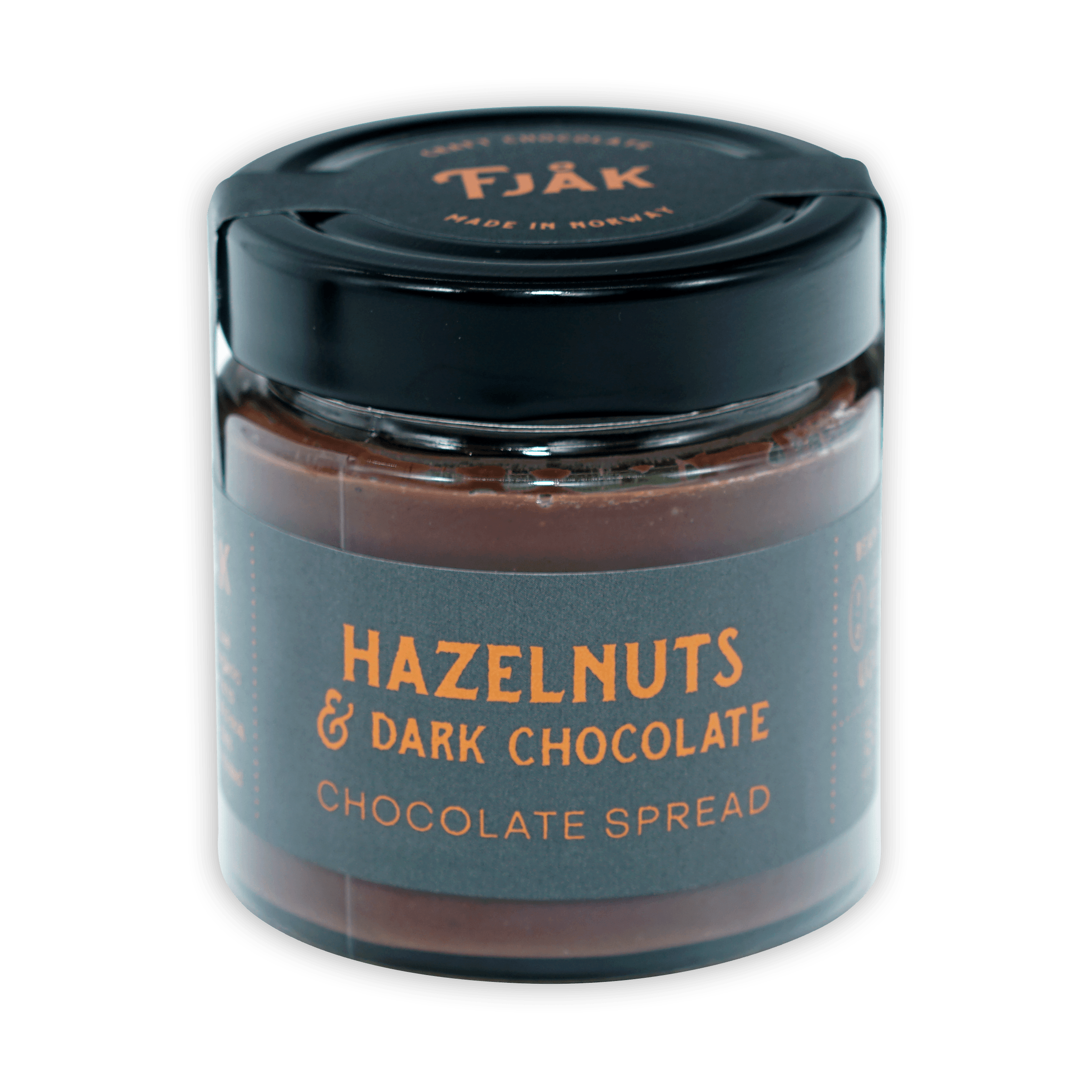 Fjåk hazelnut and dark chocolate spread in sleek glass jar