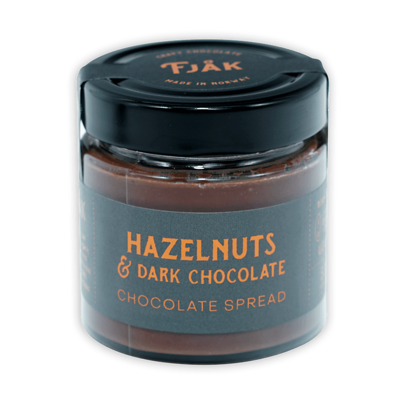 Fjåk hazelnut and dark chocolate spread in sleek glass jar