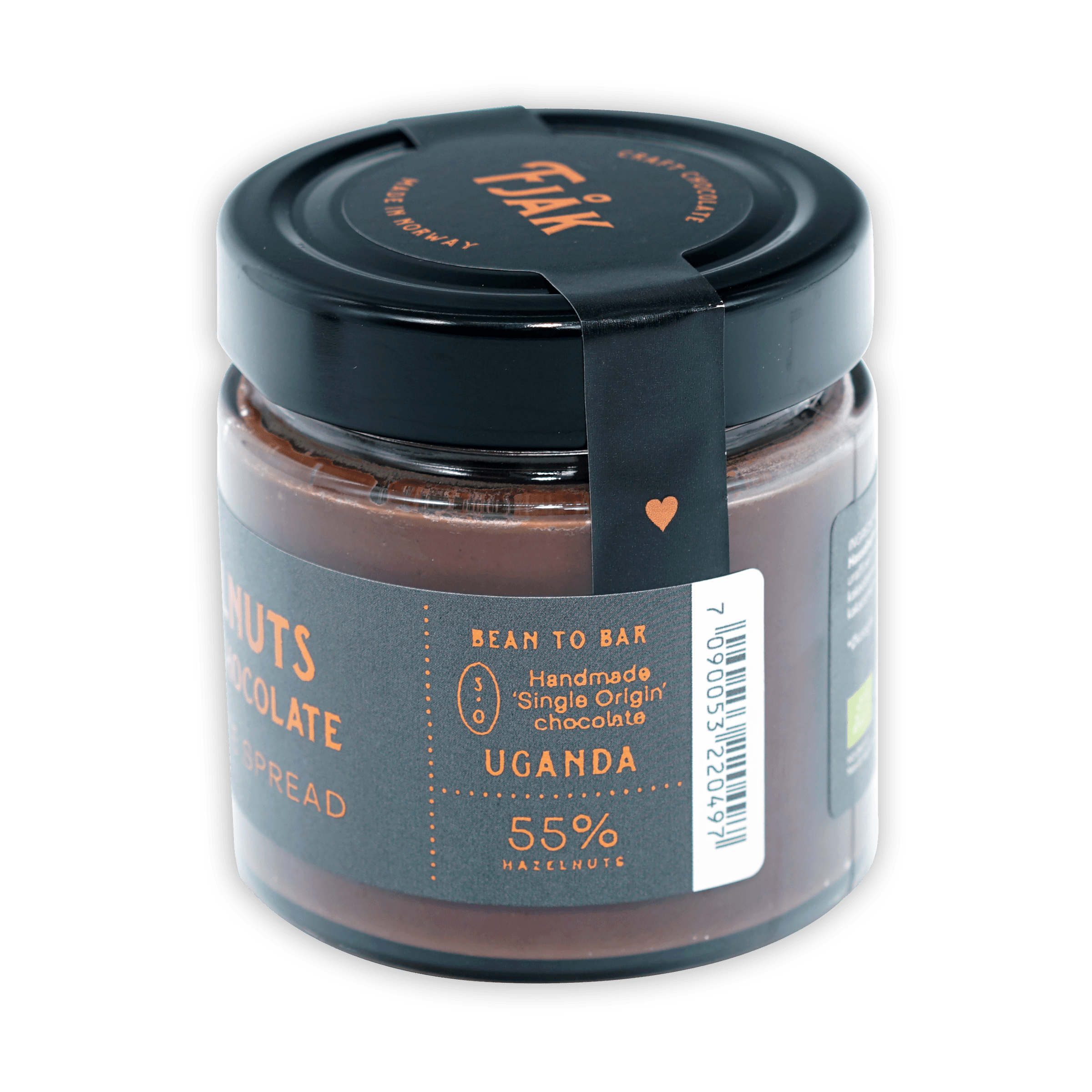Fjåk 55% hazelnut dark chocolate spread in black jar