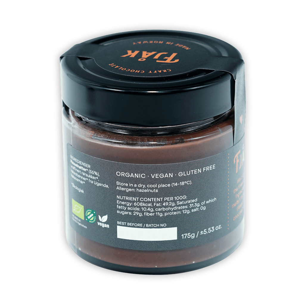 Fjåk Chocolate Spread Hazelnut & Dark Chocolate in sleek black jar, organic vegan gluten-free
