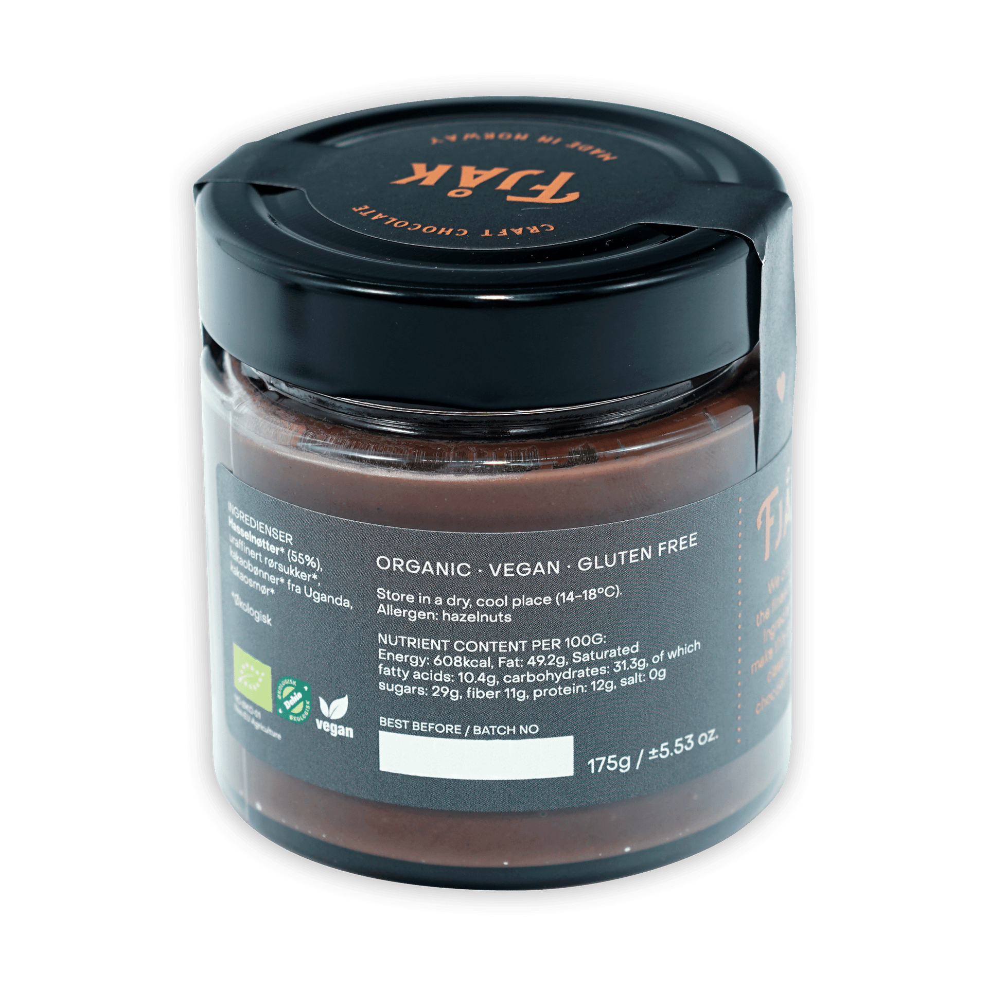 Fjåk Chocolate Spread Hazelnut & Dark Chocolate in sleek black jar, organic vegan gluten-free