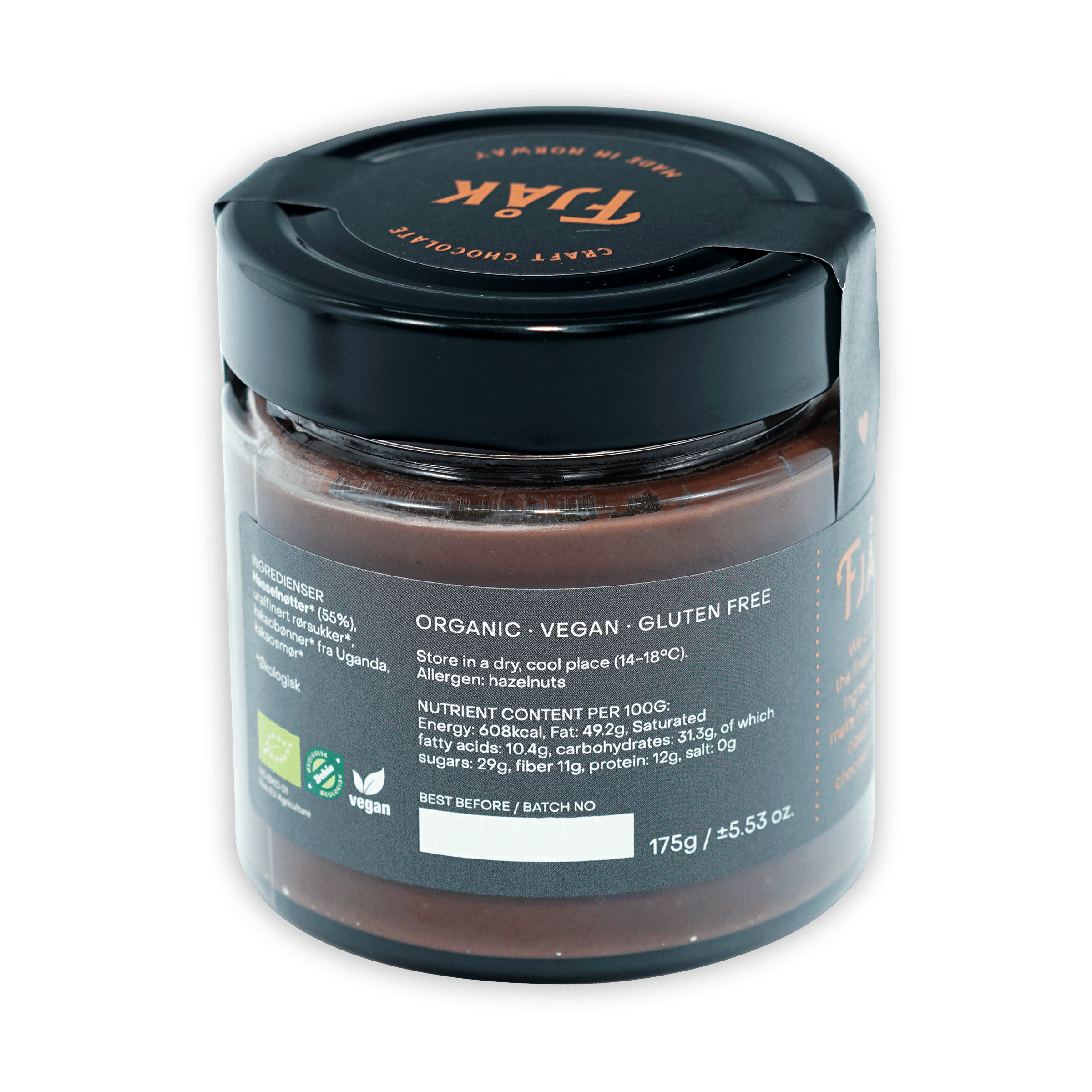 Fjåk Chocolate Spread Hazelnut & Dark Chocolate in sleek black jar, organic vegan gluten-free