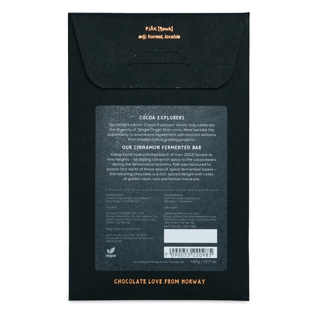 Black matte-finish chocolate bar packaging with gold foil lettering minimalist design for fjak cinnamon fermentd tanzania microlot 70%