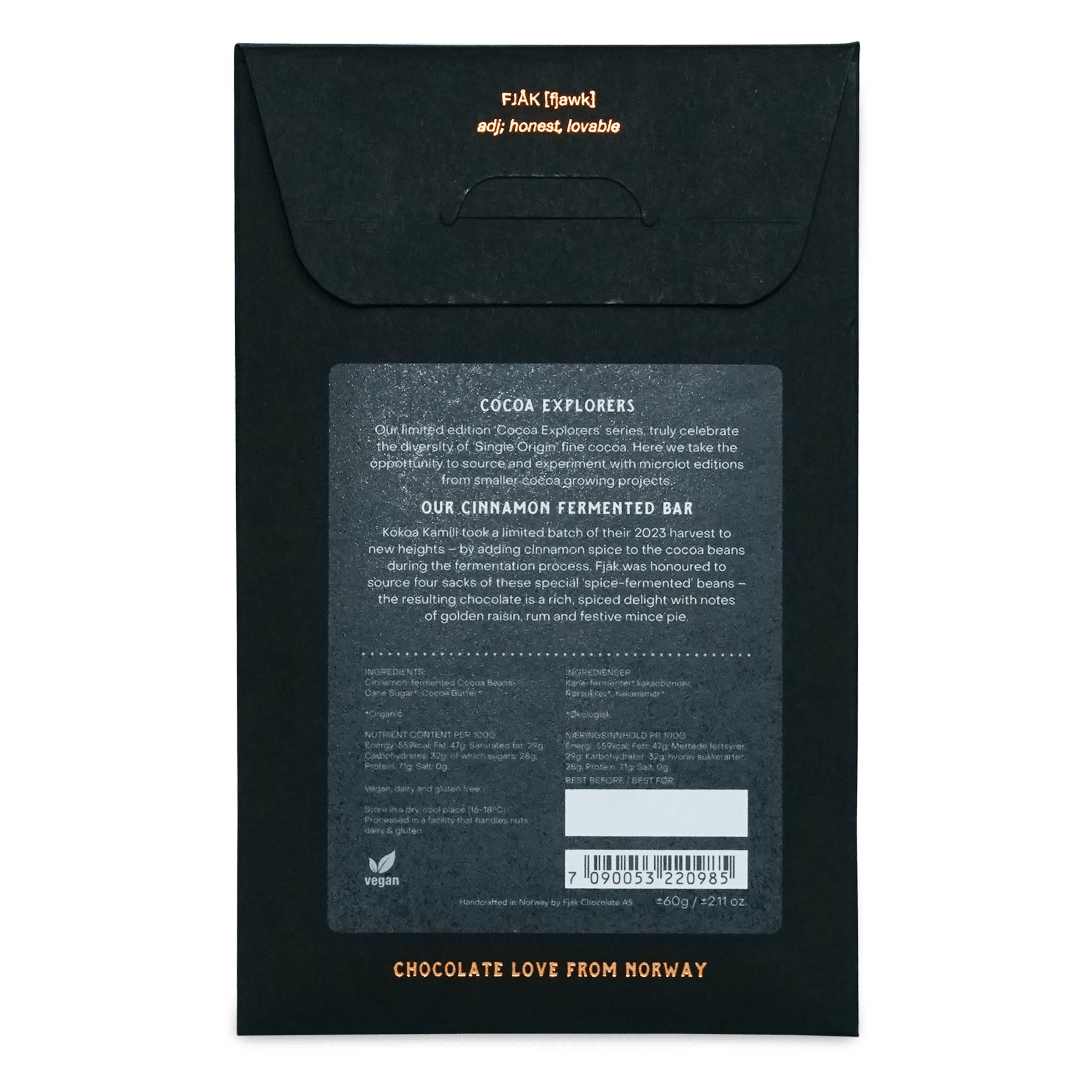 Black matte-finish chocolate bar packaging with gold foil lettering minimalist design for fjak cinnamon fermentd tanzania microlot 70%