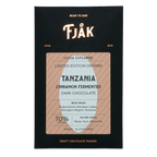 Fjåk cinnamon fermented Tanzania microlot 70% dark chocolate bar in sleek black and beige packaging explorer series