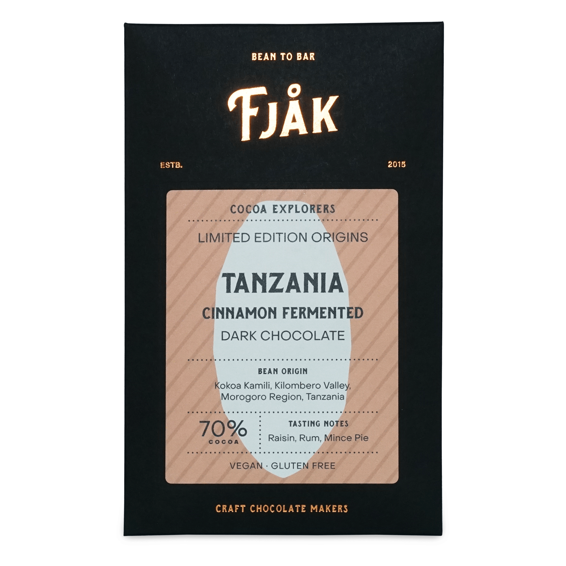 Fjåk cinnamon fermented Tanzania microlot 70% dark chocolate bar in sleek black and beige packaging explorer series
