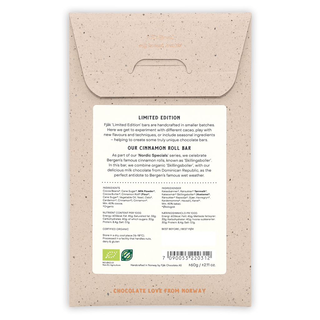 Fjåk Cinnamon Roll Milk Chocolate 45% bar, beige textured wrapper