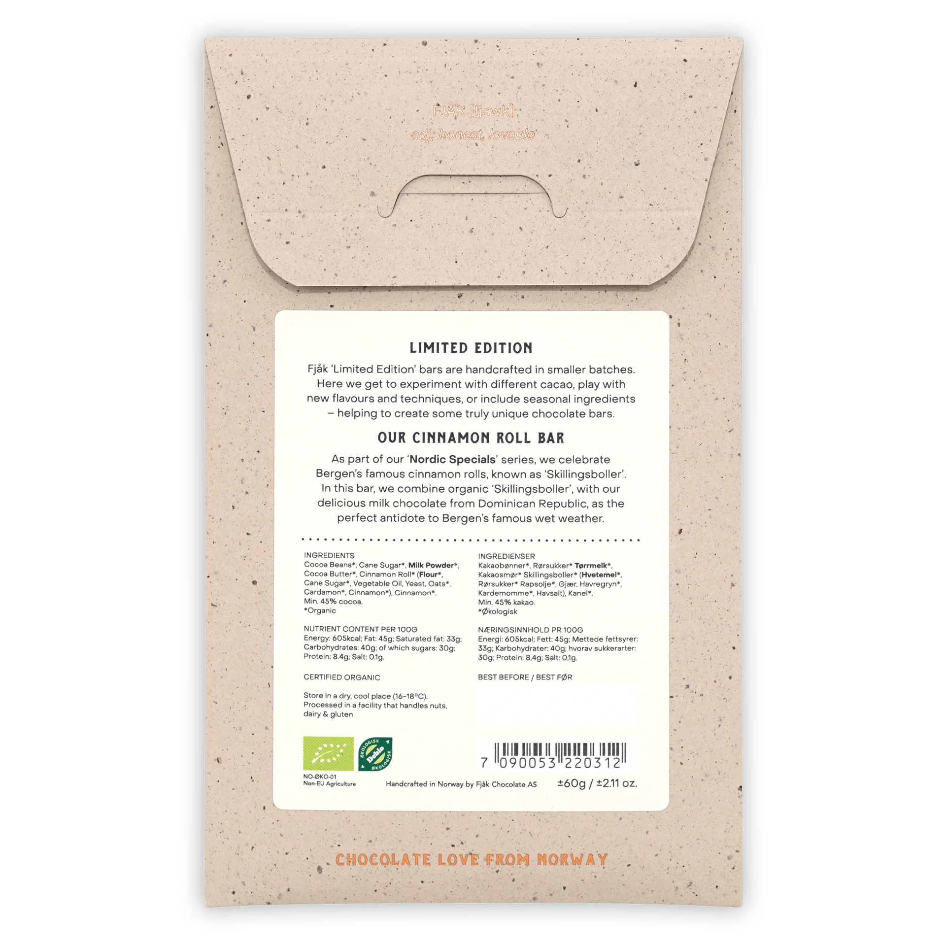 Fjåk Cinnamon Roll Milk Chocolate 45% bar, beige textured wrapper