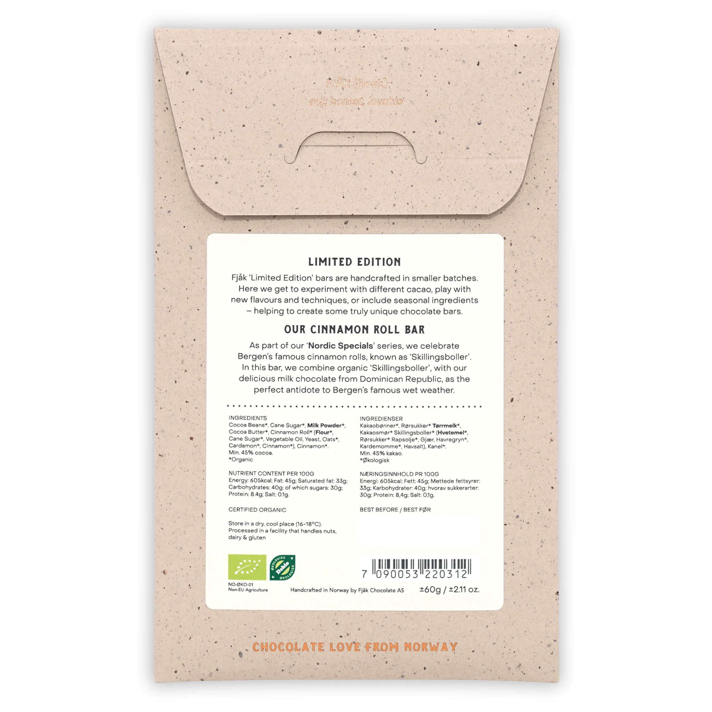Fjåk Cinnamon Roll Milk Chocolate 45% bar, beige textured wrapper
