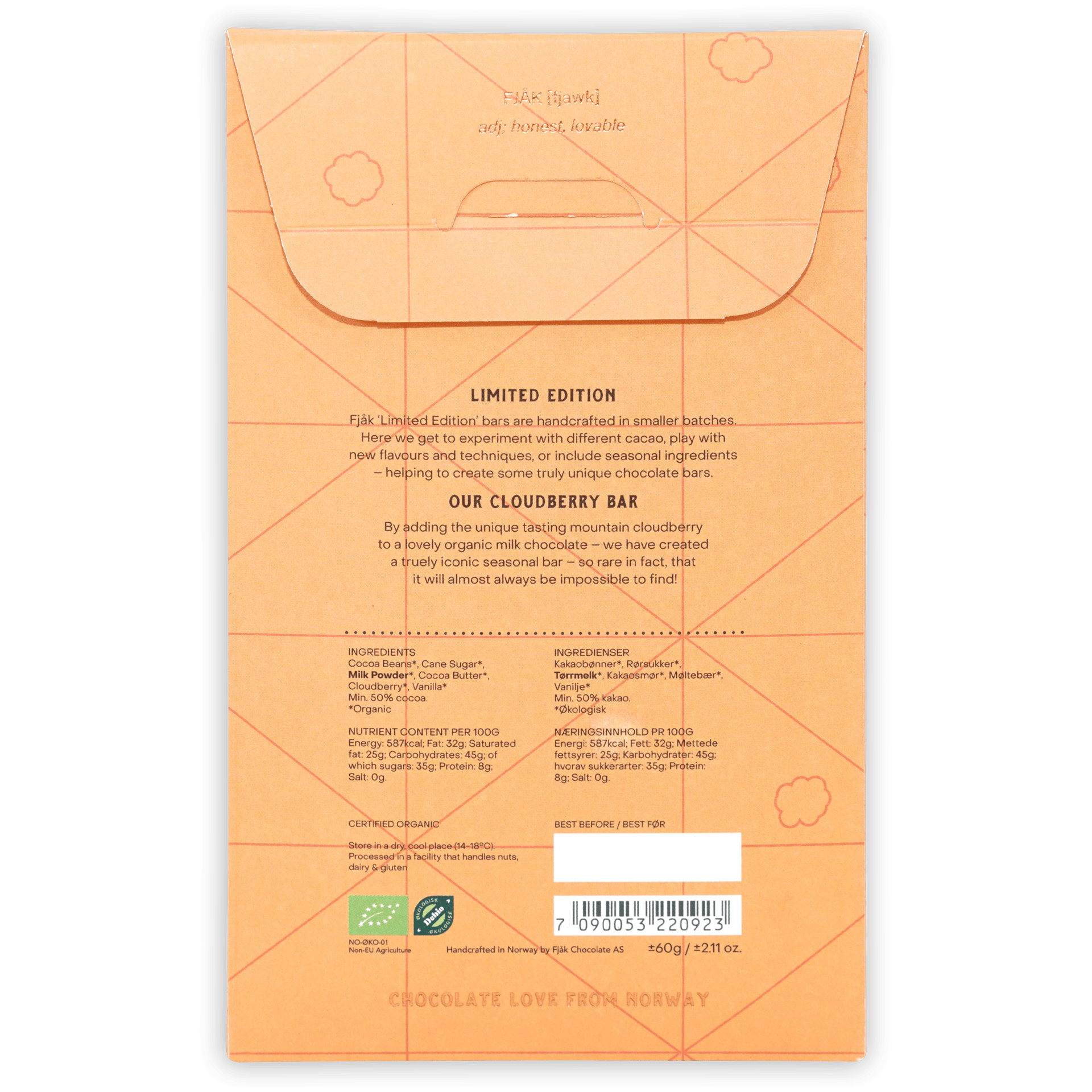 Fjak Cloudberry Milk 50% limited edition organic bar, minimalist orange wrapper