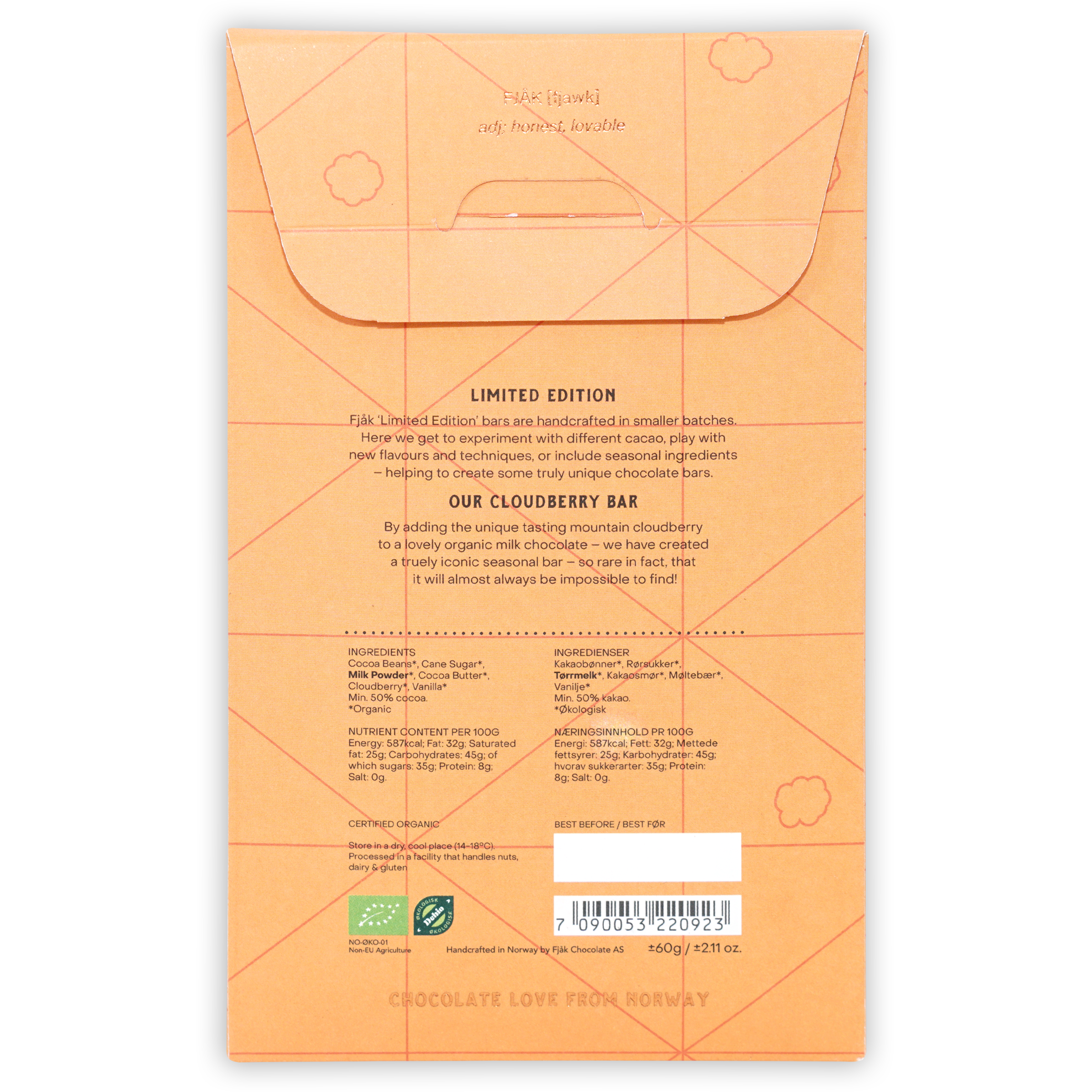 Fjak Cloudberry Milk 50% limited edition organic bar, minimalist orange wrapper