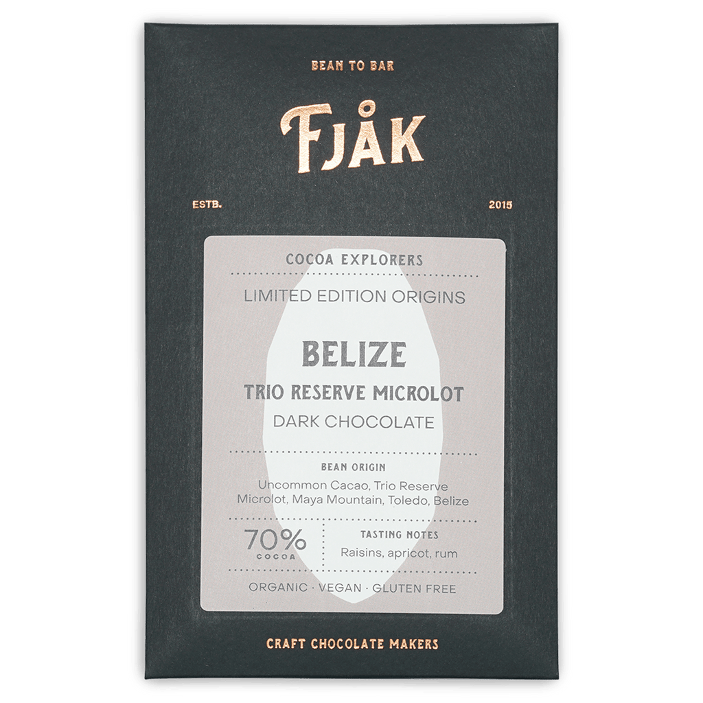 Fjåk Belize Trio Reserve microlot 70% dark chocolate bar in sleek packaging