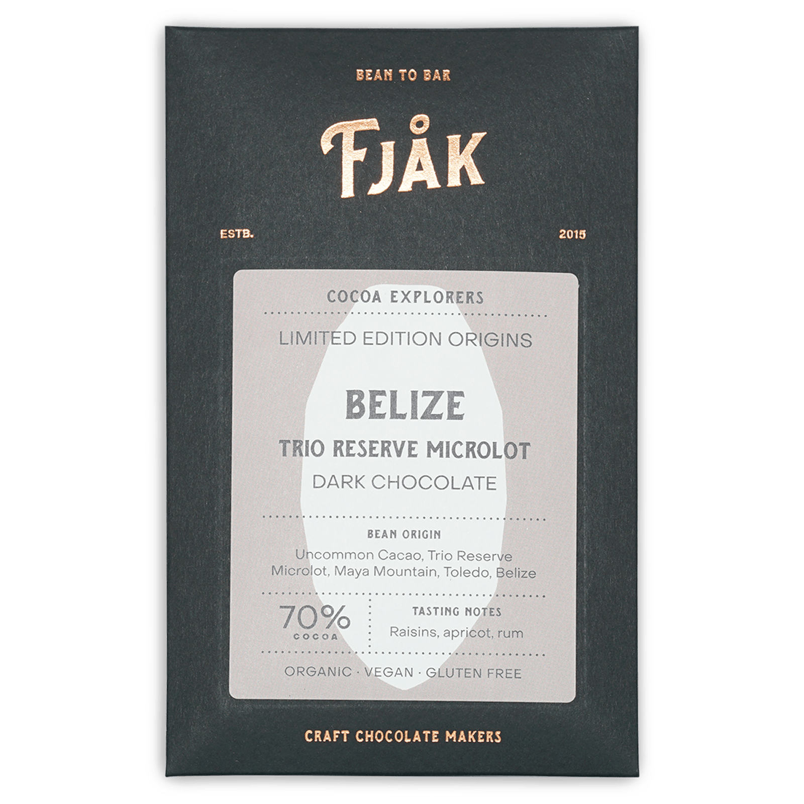 Fjåk Belize Trio Reserve microlot 70% dark chocolate bar in sleek packaging