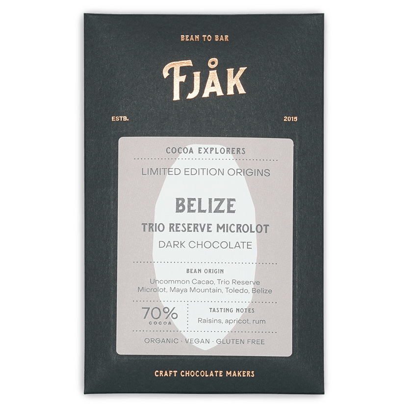 Fjåk Belize Trio Reserve microlot 70% dark chocolate bar in sleek packaging