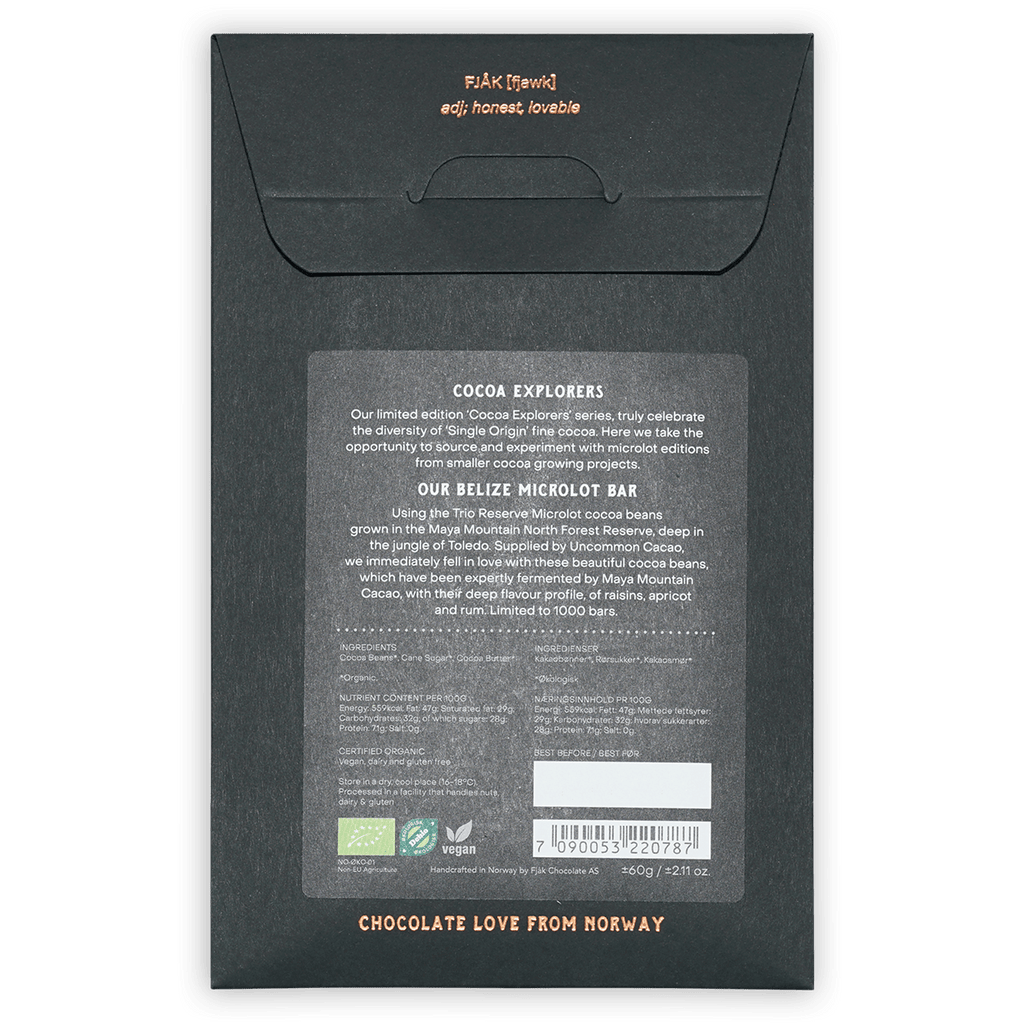 Black matte paper packaging for Fjåk Dark Belize 70% limited microlot chocolate bar