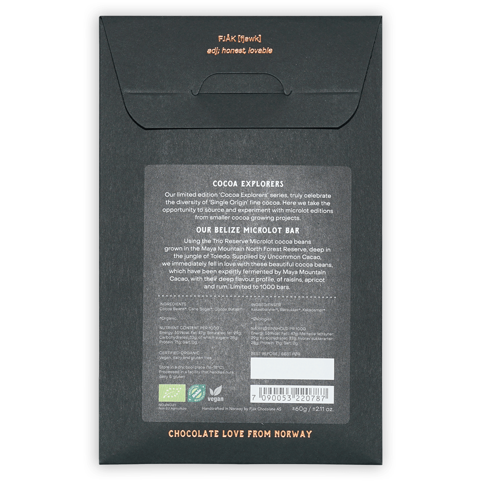 Black matte paper packaging for Fjåk Dark Belize 70% limited microlot chocolate bar