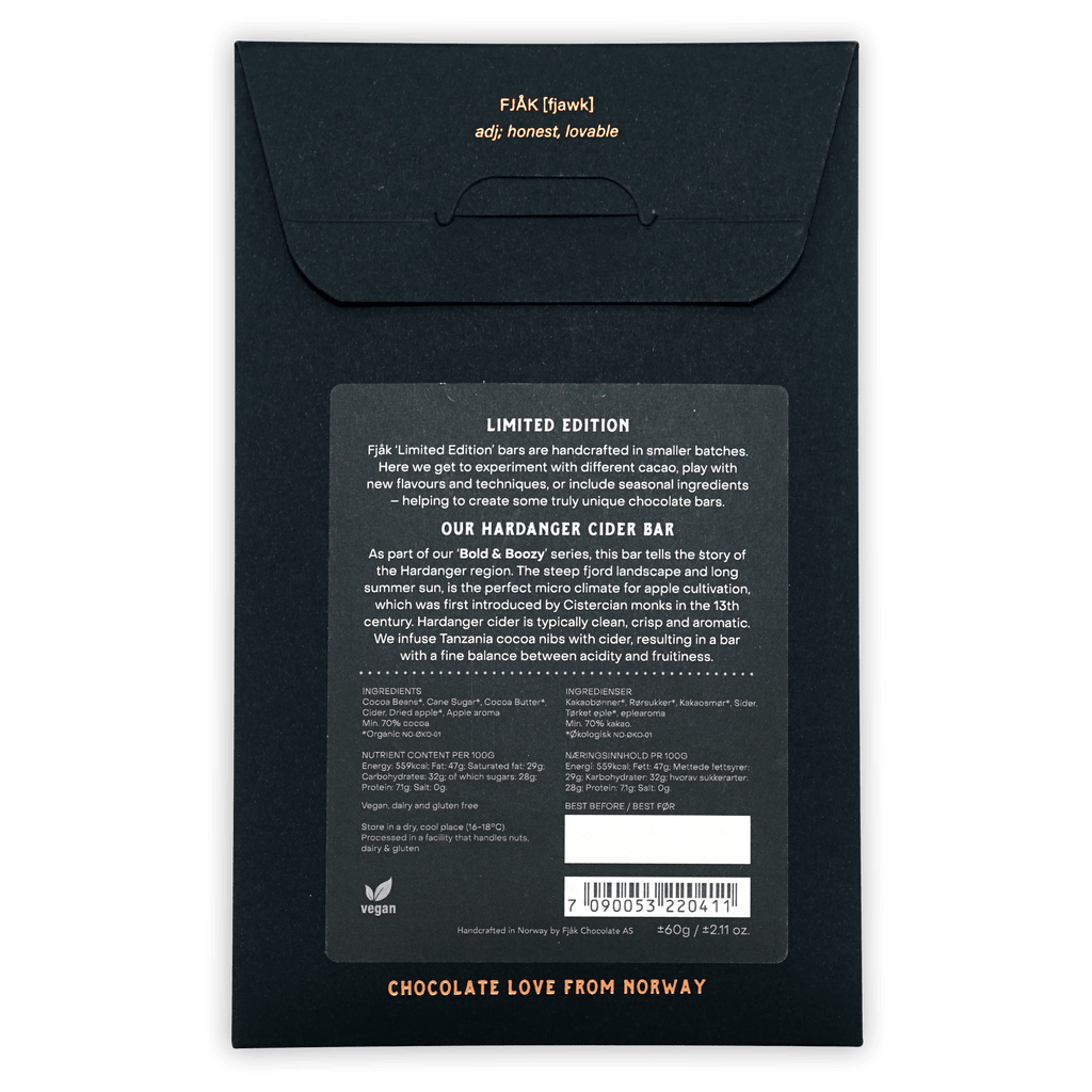 Fjåk Dark Chocolate & Cider 70% limited edition black matte packaging