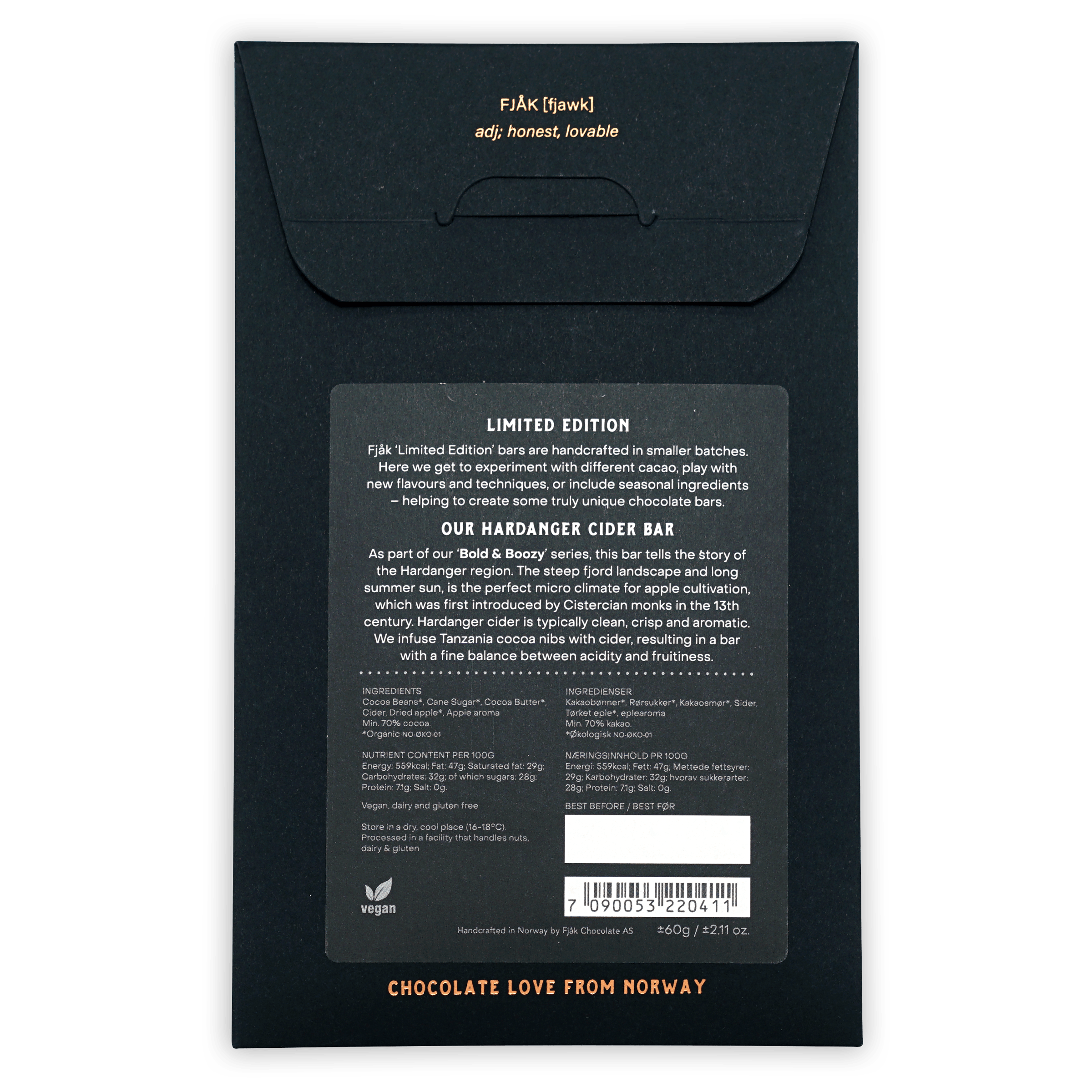 Fjåk Dark Chocolate & Cider 70% limited edition black matte packaging